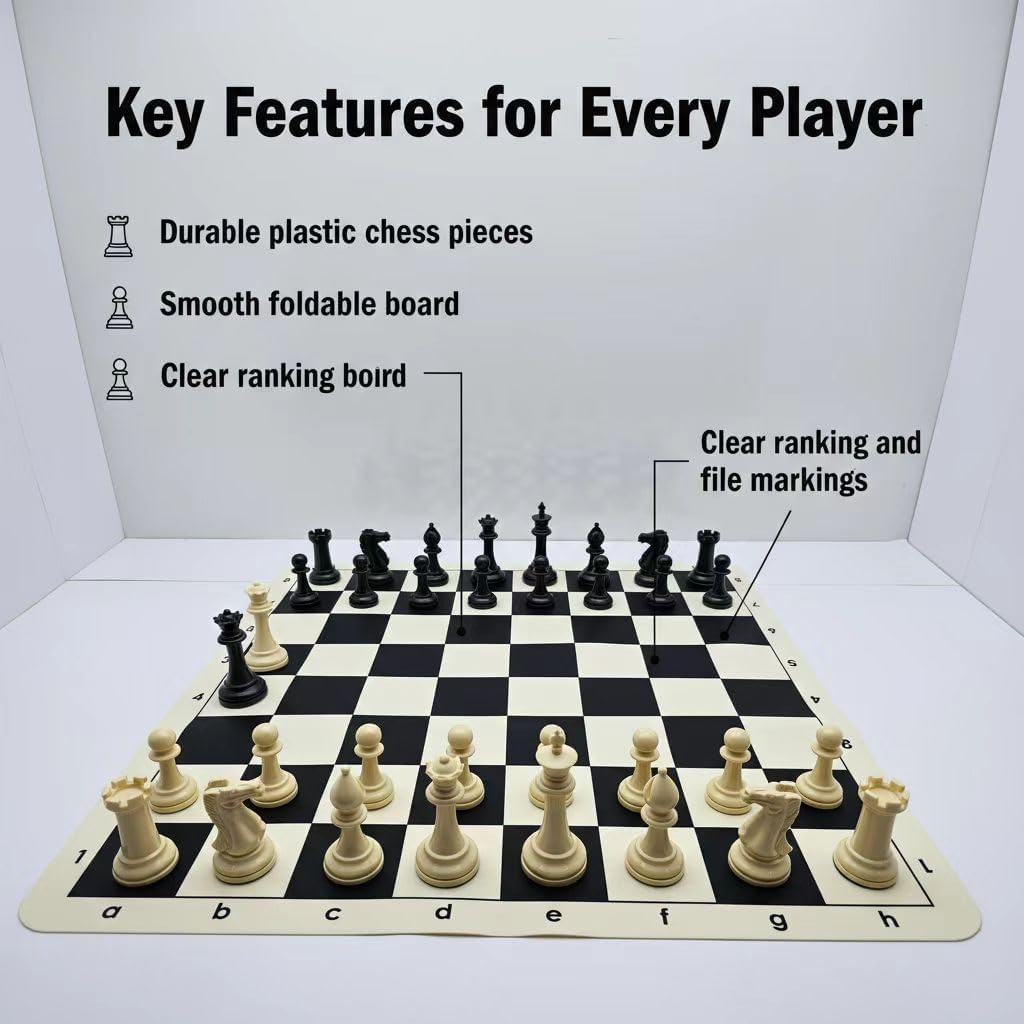 20-inch Foldable Silicone Easy-to-Clean Large Chess Set, Plastic Weighted Staunton Pieces 2 Extra Queens,Family Retro Adult and Children's Chess Portable Travel Game Chess Set with Storage Bag