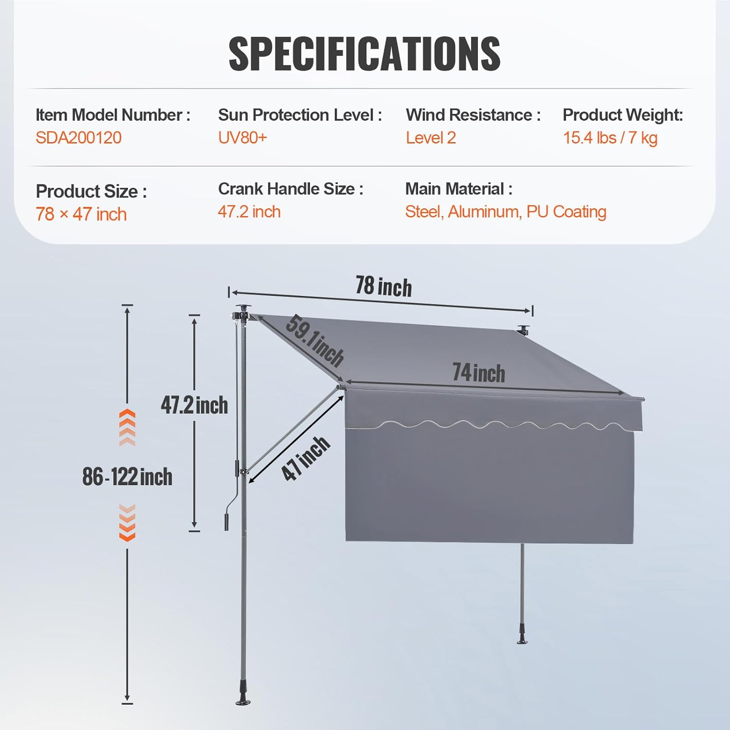 VEVOR Manual Retractable Awning, 78" Outdoor Retractable Patio Awning Sunshade Shelter, Adjustable Patio Door Window Awning Canopy with 39" Sun Shade Curtain for Backyard, Garden, Balcony, Dark Gray