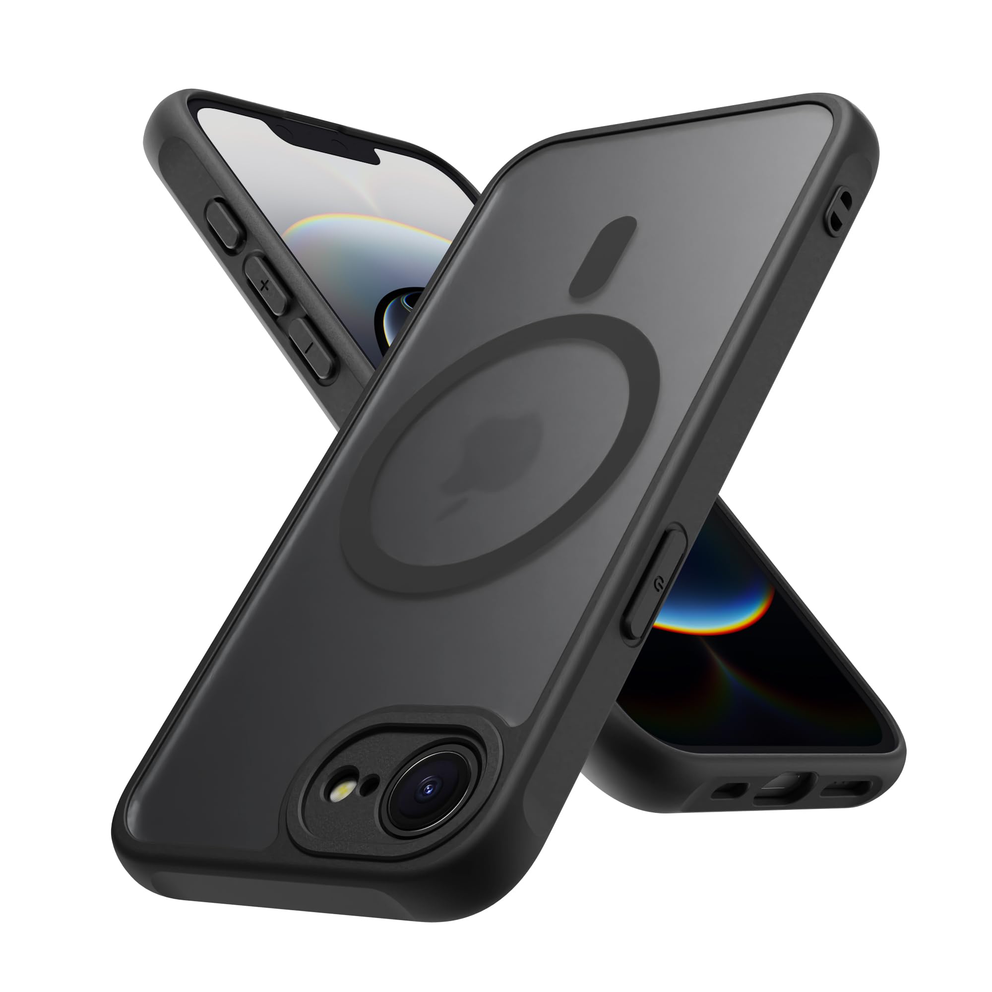 PinLiSheng iPhone 17e/16e ケース 半透明 マット感 MagSafe対応 米軍MIL規格 耐衝撃 黄ばみなし ストラップホール付き マグセーフ対応 ワイアレス充電対応(ブラック, iPhone 16e/17e)