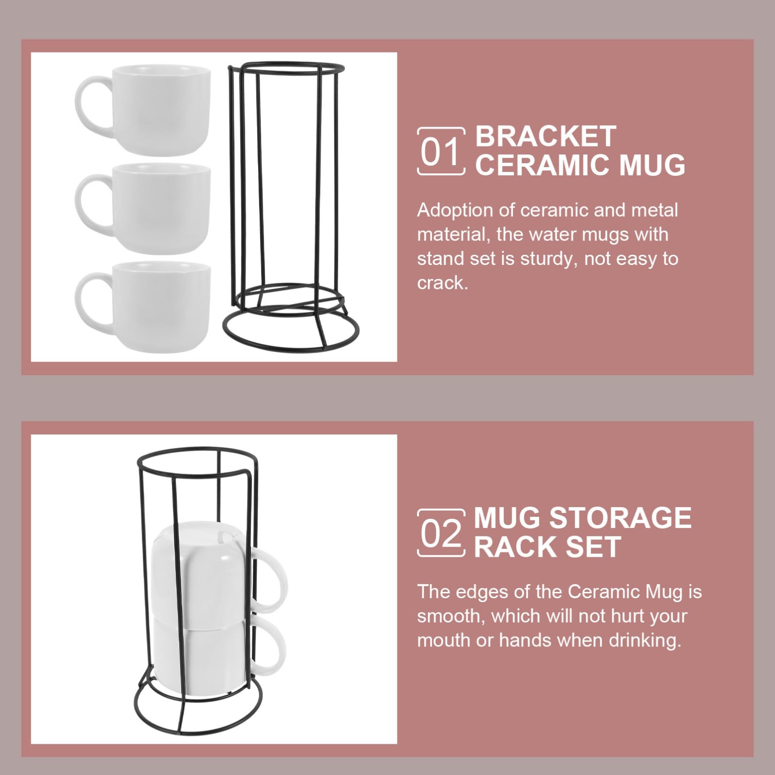 Operitacx Juego de Tazas de Cerámica Set de 4 Piezas de Color con Soporte de Hierro, Resistente y Fácil de Almacenar, Adecuado para Cafés y Oficinas