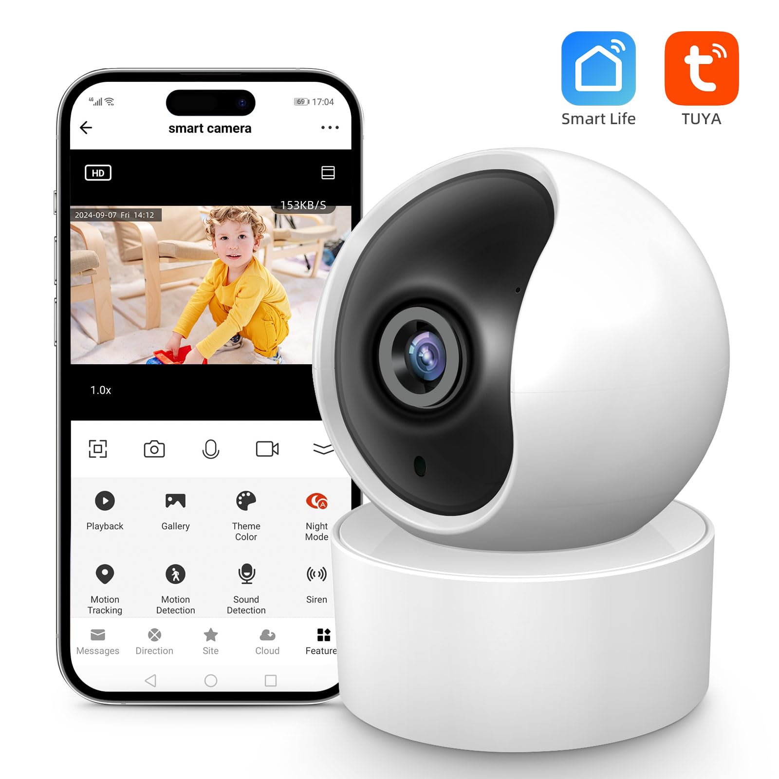 XNY Telecamera Wi-Fi Interno 2MP Tuya Smart Life, 1080P Pan/Tilt Videocamera Sorveglianza, Audio Bidirezionale, Visione Notturna, Rilevamento di Movimento, Notifica in Tempo Real