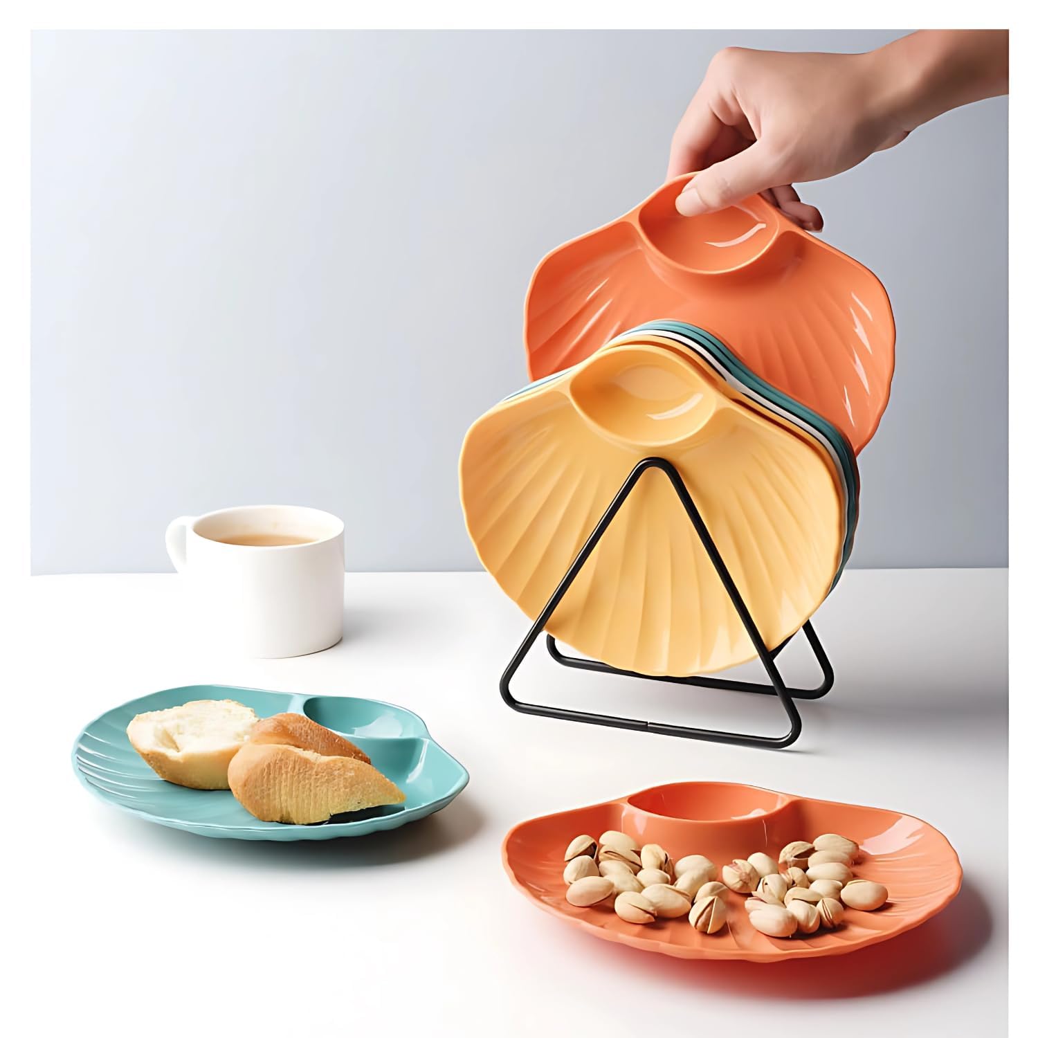 JNdabhi Shell-Shaped Plates, 7.28"Inch, Set of 4 | Appetizers Serving Dishes for Snacks, Chips, Pasta & Momos | Lightweight & Divided Dishes | Wheat Straw Plate for Serving Snacks for Parties & Picnic