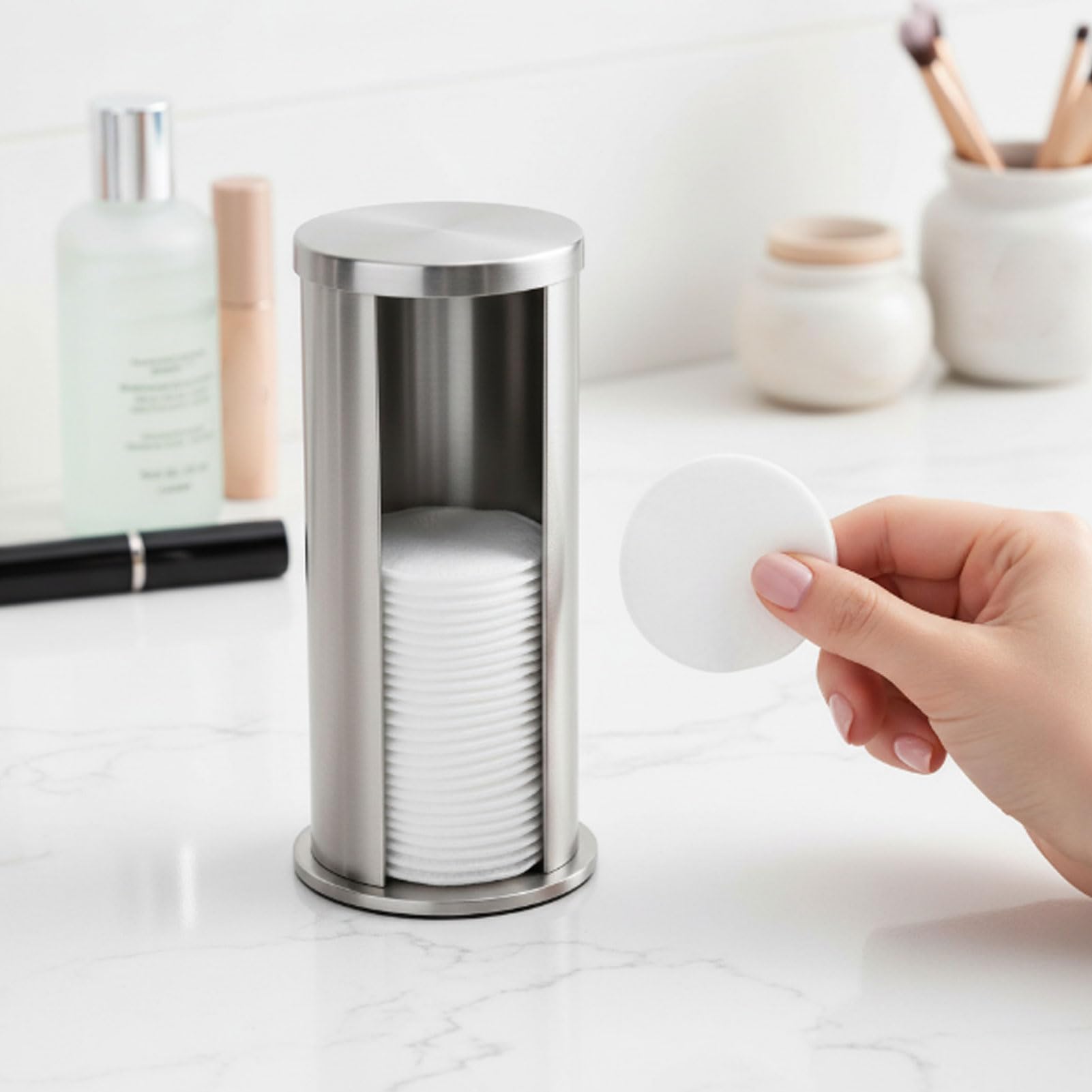 Porta Dischetti Cosmetici in Cotone, Organizer Rotondo in Metallo con Dispenser, Contenitore per Dischetti Struccanti Antiruggine