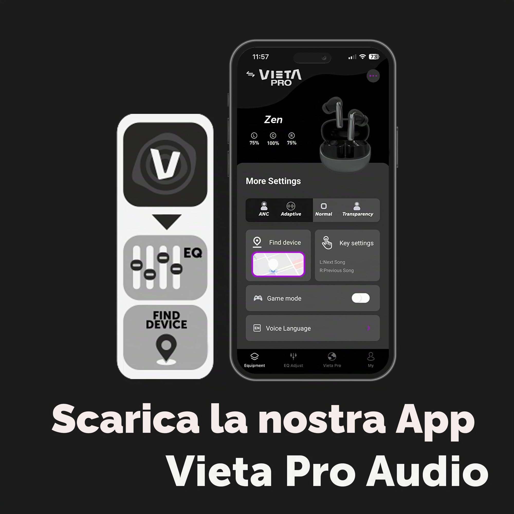 Vieta Pro Cuffie Bluetooth 5.4 con cancellazione del rumore attivo | Cuffie wireless TWS In-Ear con Micro e Noise Cancelling, Hi-Res Audio, Modalità Gaming, 34h Autonomia, USB-C | Peace