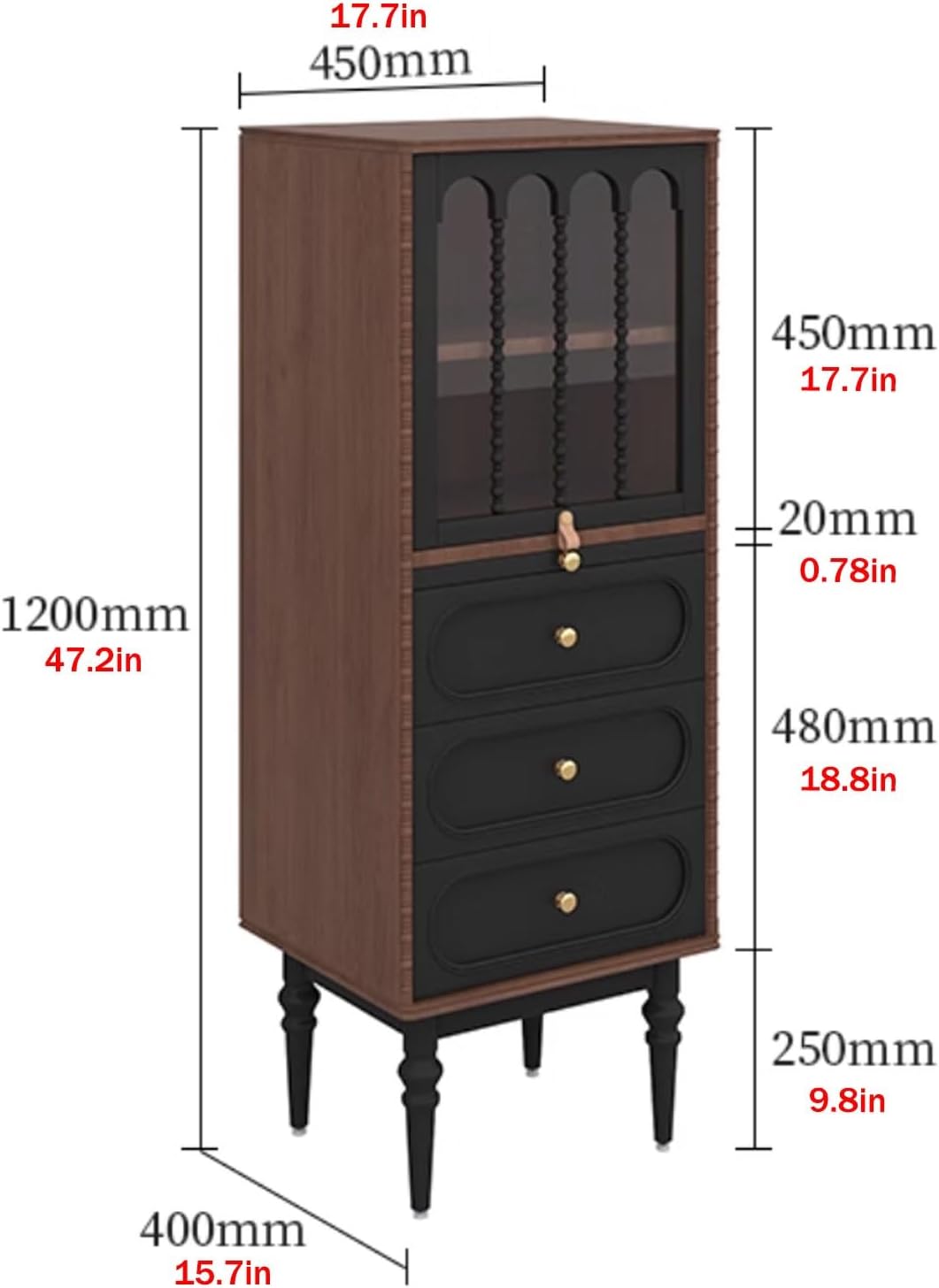 Narrow Buffet Cabinet with 3 Drawers, Storage Cabinet with Adjustable Shelf, Sideboard Buffet Cabinets with Glass Doors, Accent Storage Coffee Bar Console(45x40x120cm/17.7x15.7x47.2in)