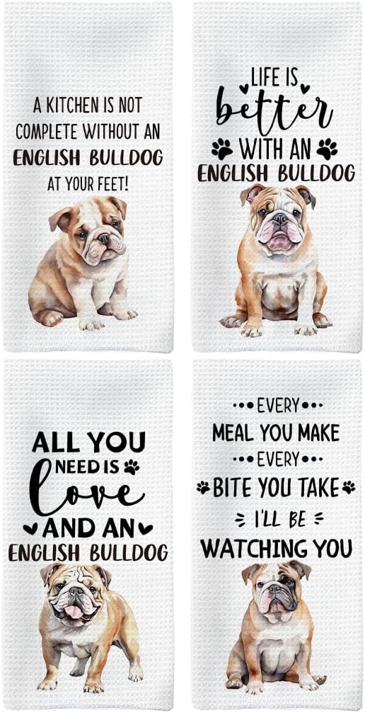 English Bulldog Gifts Kitchen Towels Set of 4, English Bulldog Gifts for Women, Dog Hand Towels, EnglishBulldog Dish Towels Tea Towels, Dog Kitchen Bathroom Decor, 16x24inch