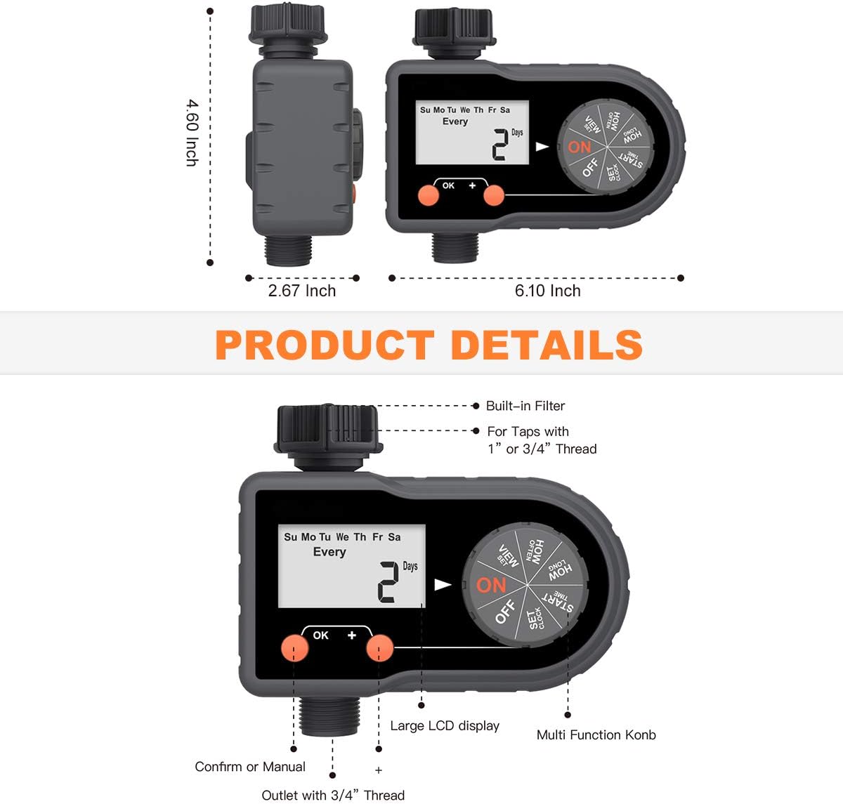 Sprinkler Timer, Water Timer Outdoor Digital Watering Programmable 3/4" Single Outlet/2.5" Screen/IP54 Waterproof/Auto&Manual Faucet Hose Timer, Automatic Watering System Controller, micmi