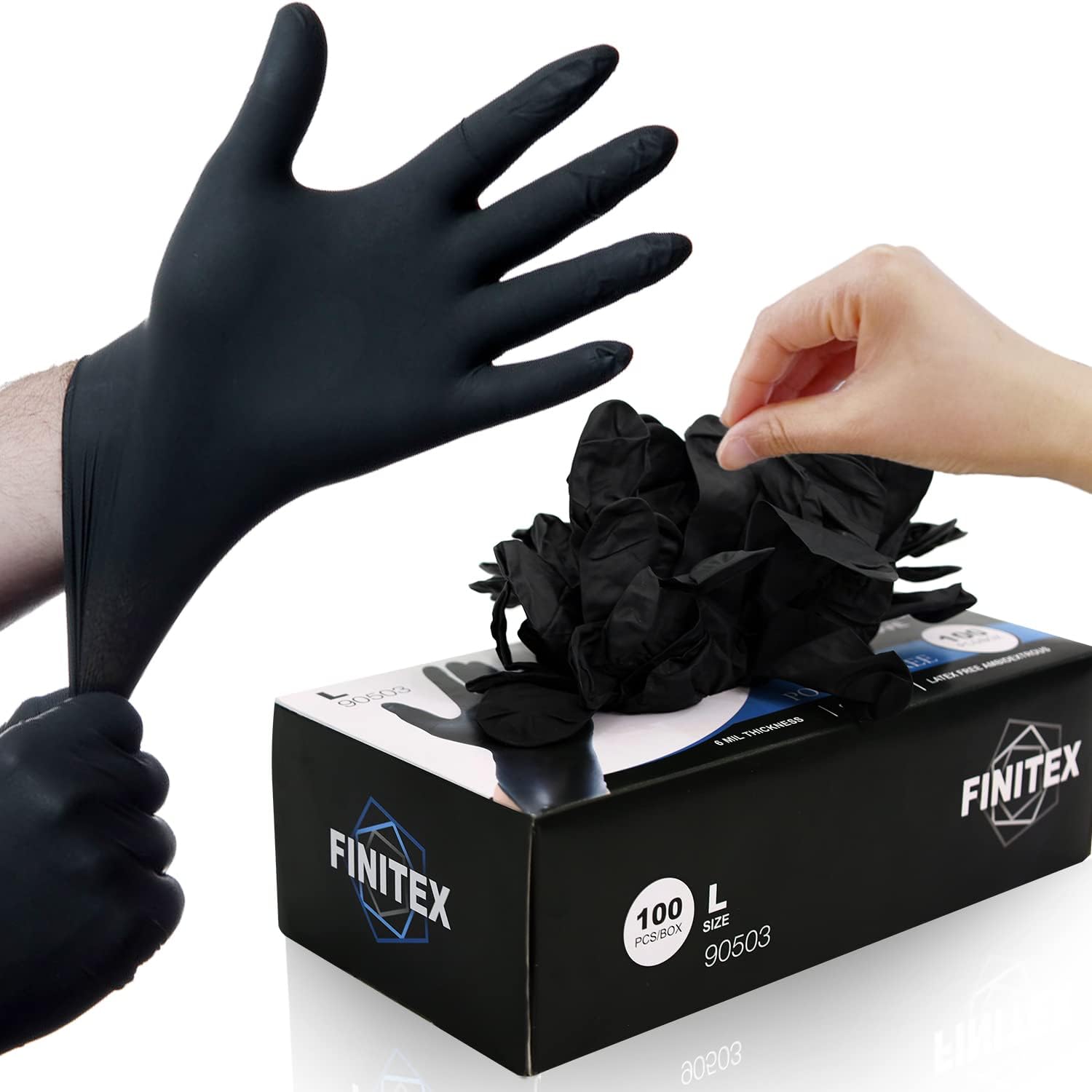 FINITEXBlack Nitrile Disposable Medical Exam Gloves - Box of 100 PCS 6mil Gloves Powder-Free Latex-Free Glove