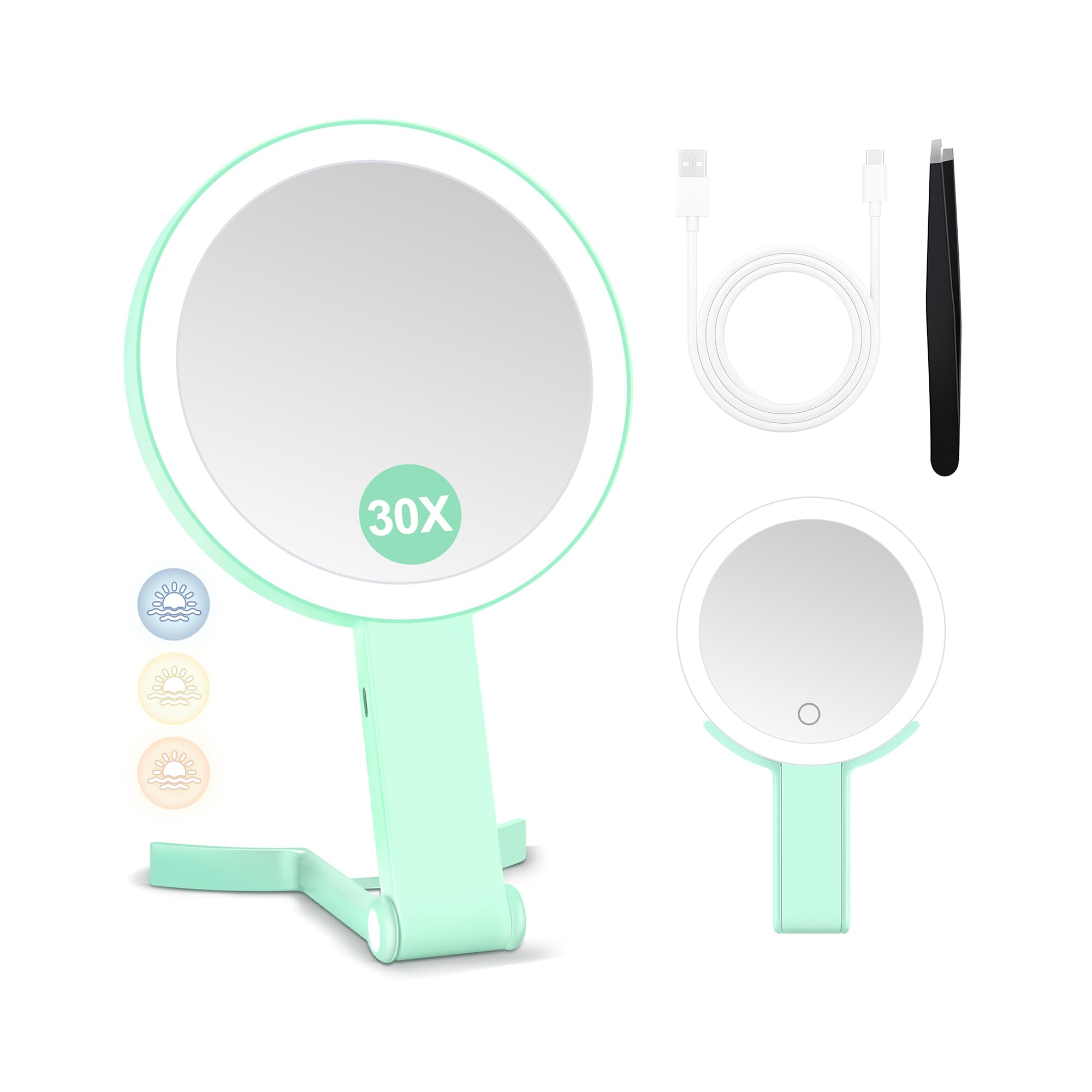 MIYADIVA Magnifying Mirror with Light, Double Sided 30X/1X Lighted Travel Makeup Mirror with Magnification, 3 Color Lighting, Dimmable Touch Screen,