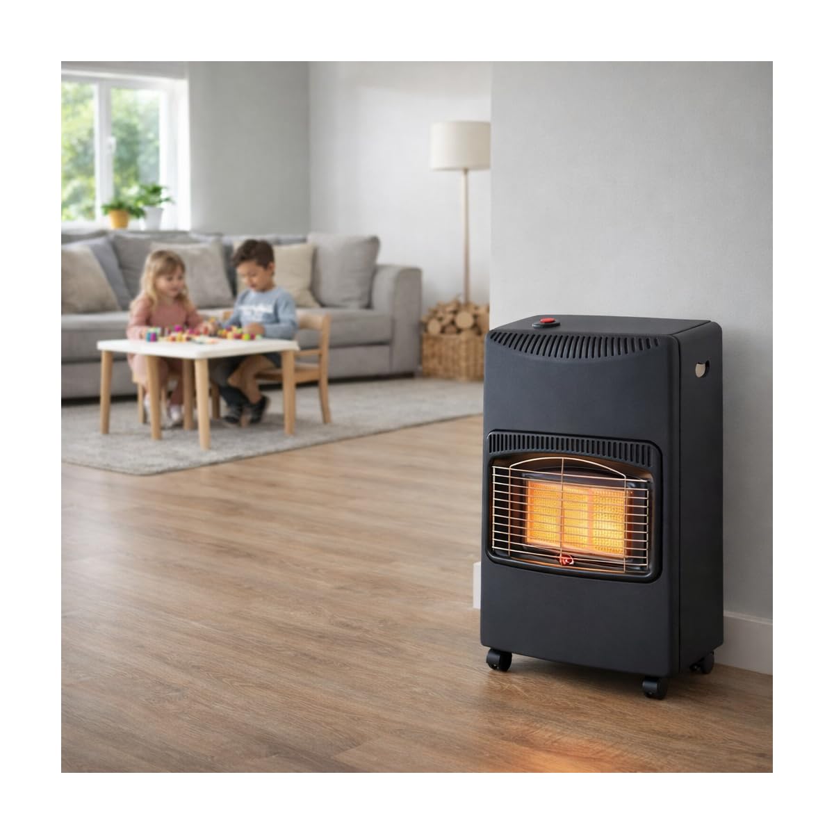 NIKLAS - Grzejnik gazowy 4200 W + złącze w zestawie z 3 poziomami nagrzewnicy - szara głowica gazowa na podczerwień na kółkach, łatwy zapłon piezo, wnętrze 120m3