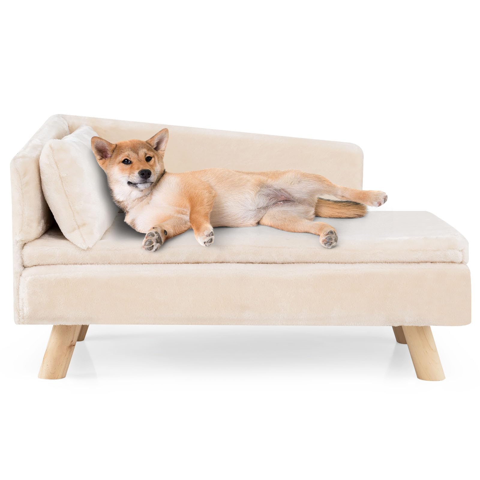 GYMAX Cama para Perros de Interior, Sofá para Mascotas con Patas de Madera de Pino Elevadas, Respaldo Alto, Cojines Desmontables, Cama Acolchada para Gatos Animales de Tamaño Mediano, Pequeño (Blanco)