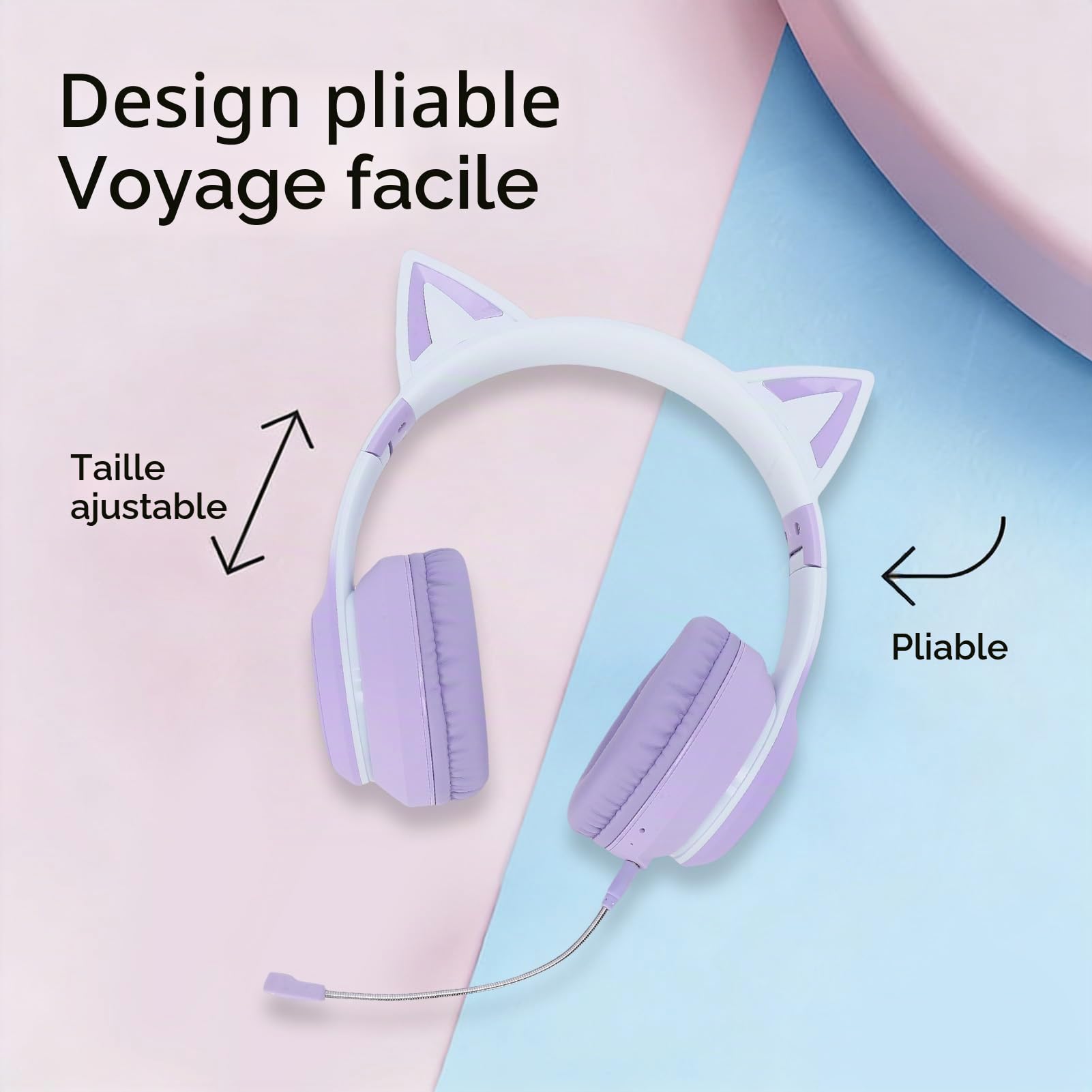 Casque Gaming sans Fil, Oreilles De Chat Mignonnes, Bluetooth 5.3, Éclairage LED, Microphone Amovible, Haut-Parleurs 40 Mm, Câble AUX 3,5 Mm, Pliable, Coussinets Confortables (Purple)