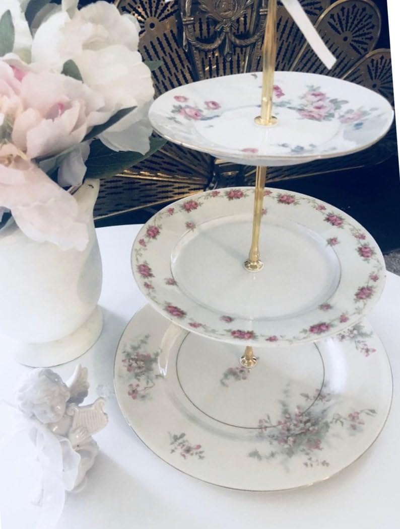 Soporte para Tarta de Boda, Bandeja de 3 Niveles, Plato con diseño de Flores, decoración para Mesa de postres, Boda Rosa (Bavaria MixMatched 1) ()