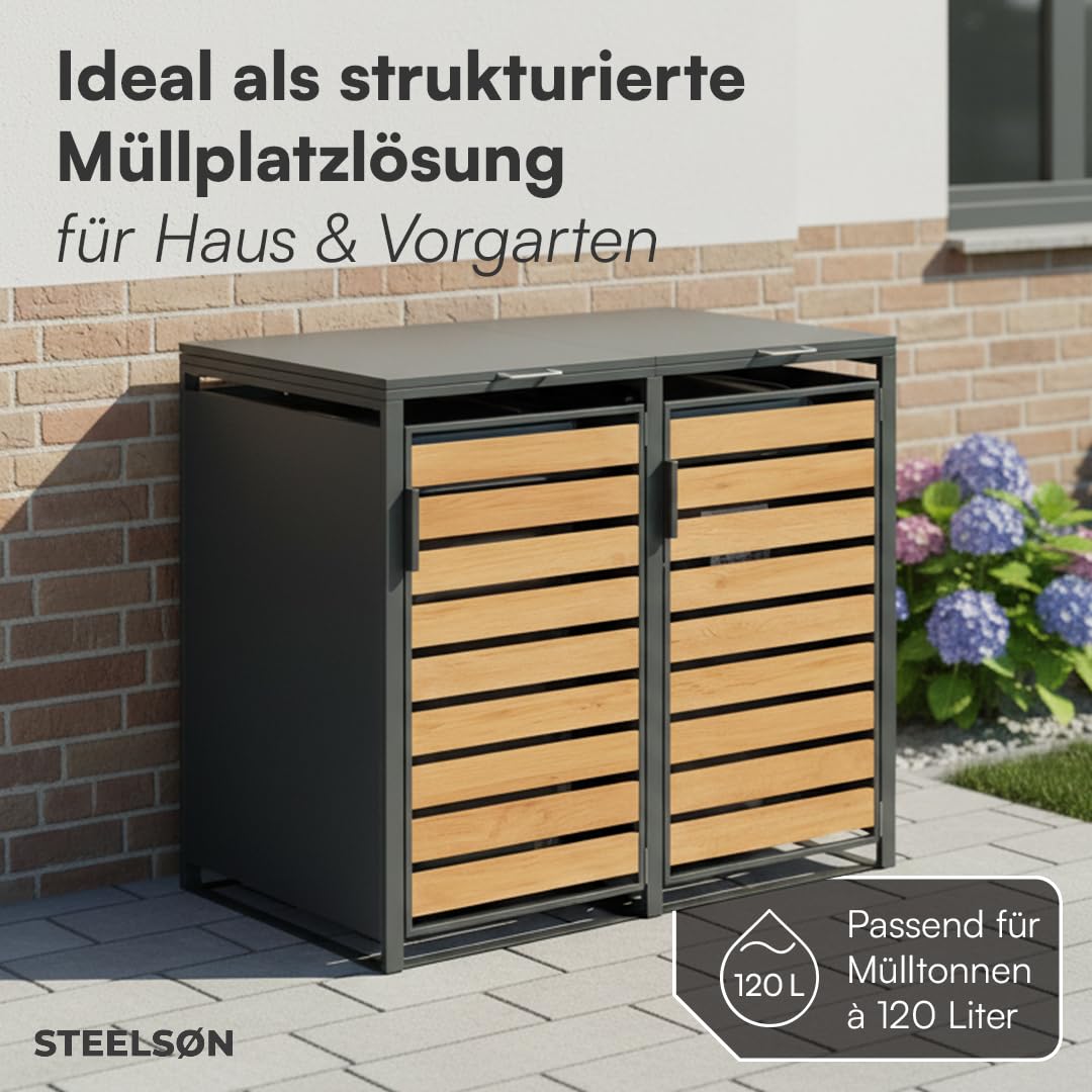 STEELSØN Kestra Mülltonnenbox 2er bis 120L – Mülltonnenverkleidung aus Stahl mit Sichtstreifen in Holzoptik – hochwertige Müllcontainer für 2 Tonnen – Müllbox in Anthrazit – Gerätebox wetterfest