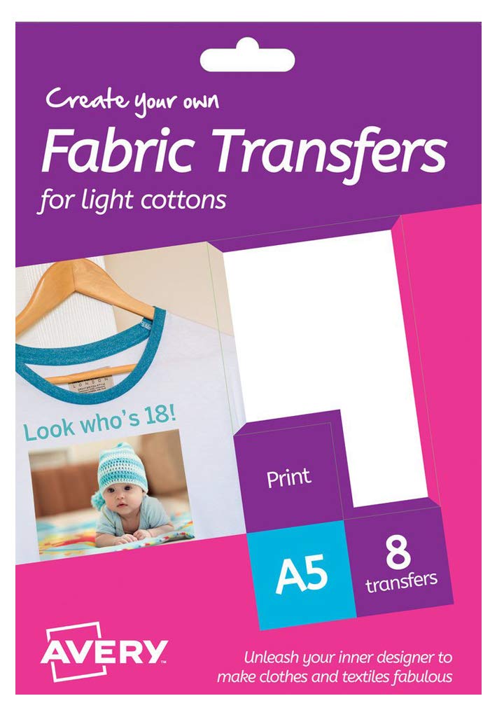 Avery HTT01 Printable Fabric Transfers for Light Cottons, 1 transfer Per A5 Sheet