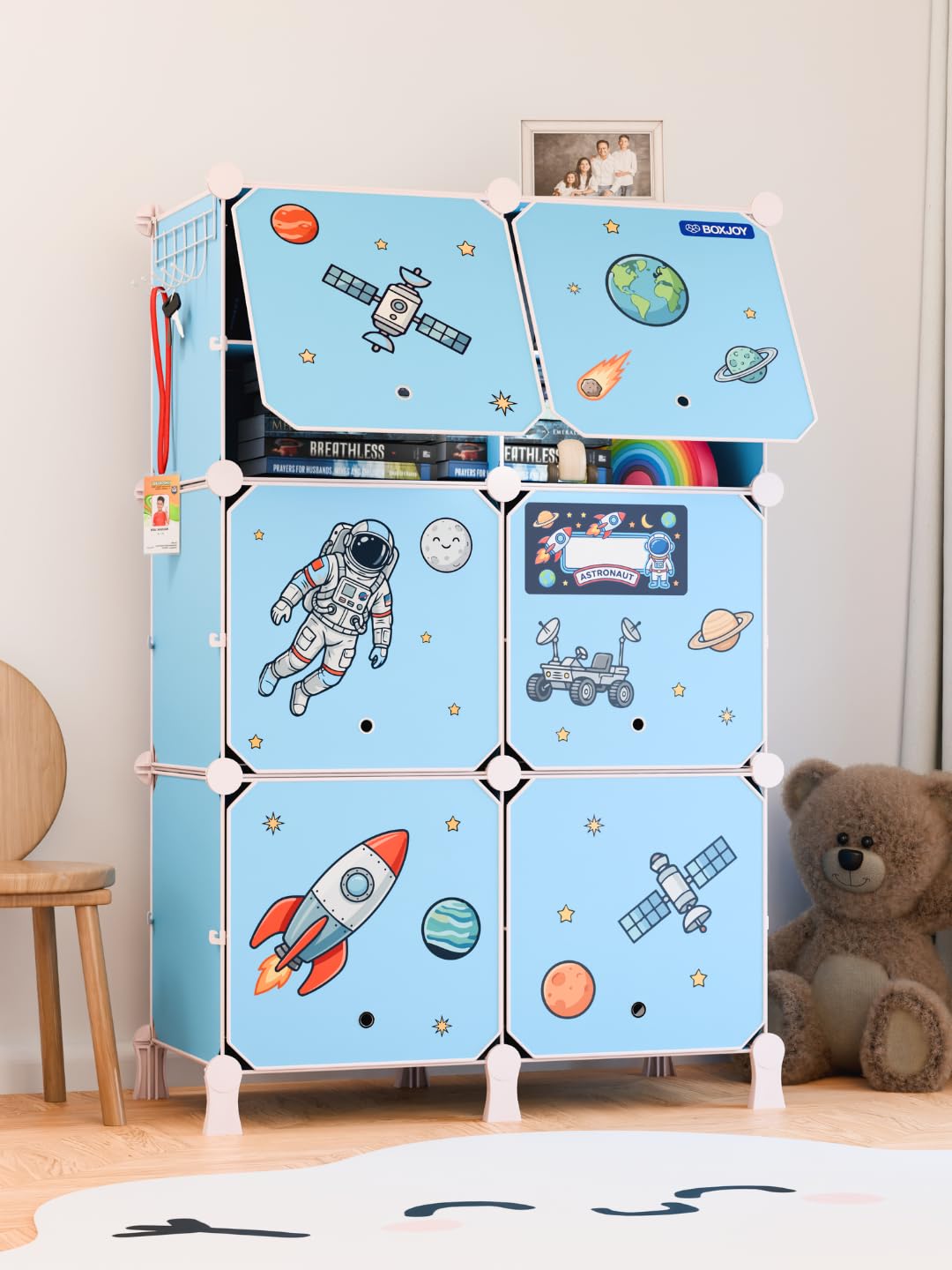 BOXJOY 12 Shelf Plastic Kids Wardrobe with 6 Doors, Sticker Sheet & Holder | Foldable Bedroom Almirah Organizer with Wooden Hammer Collapsible Almira Clothes Storage Rack Cupboard for Baby Cloth (Blue)-image-12
