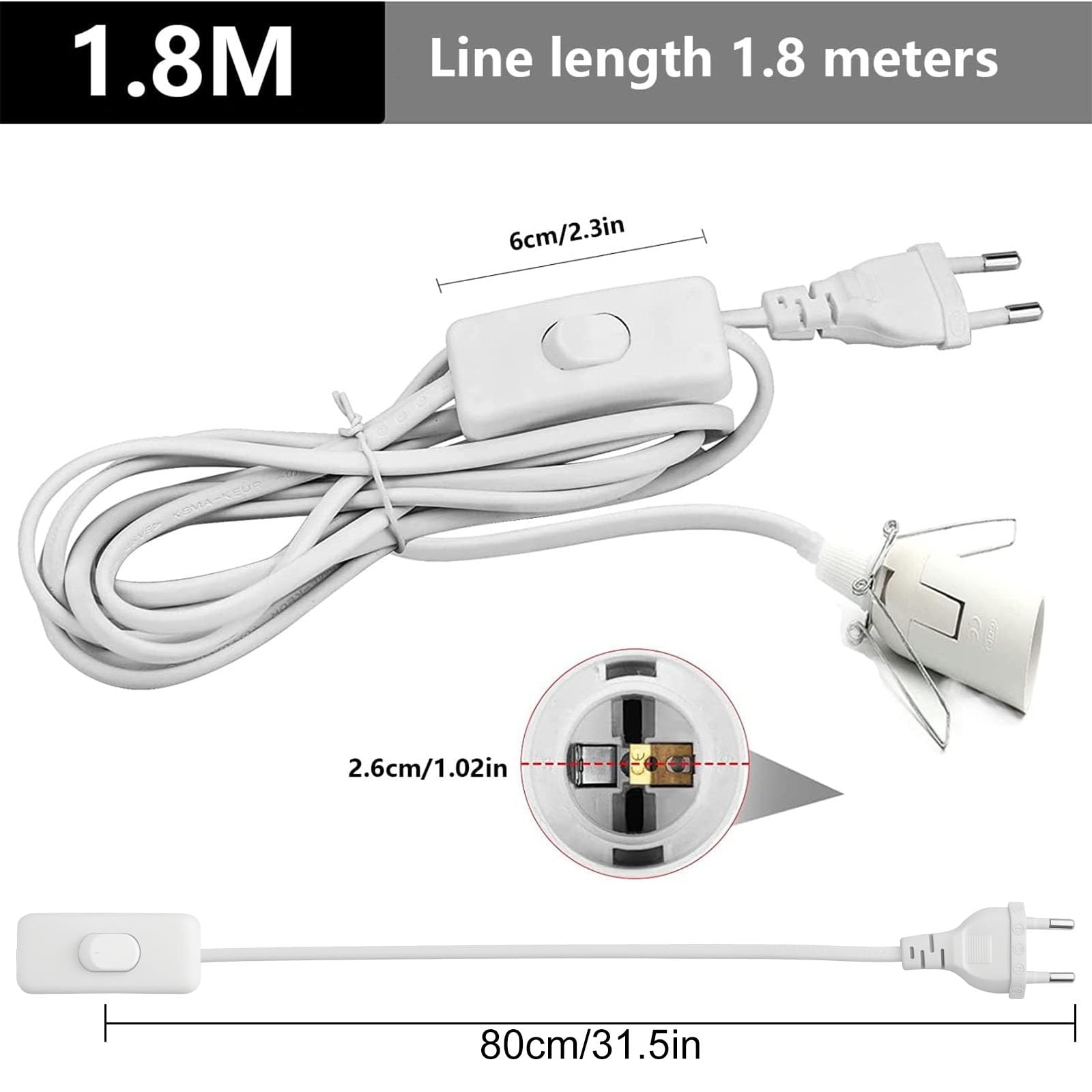 JTgugu Câble Pour Lampe à Sel Avec Interrupteur - 1,8m Blanc