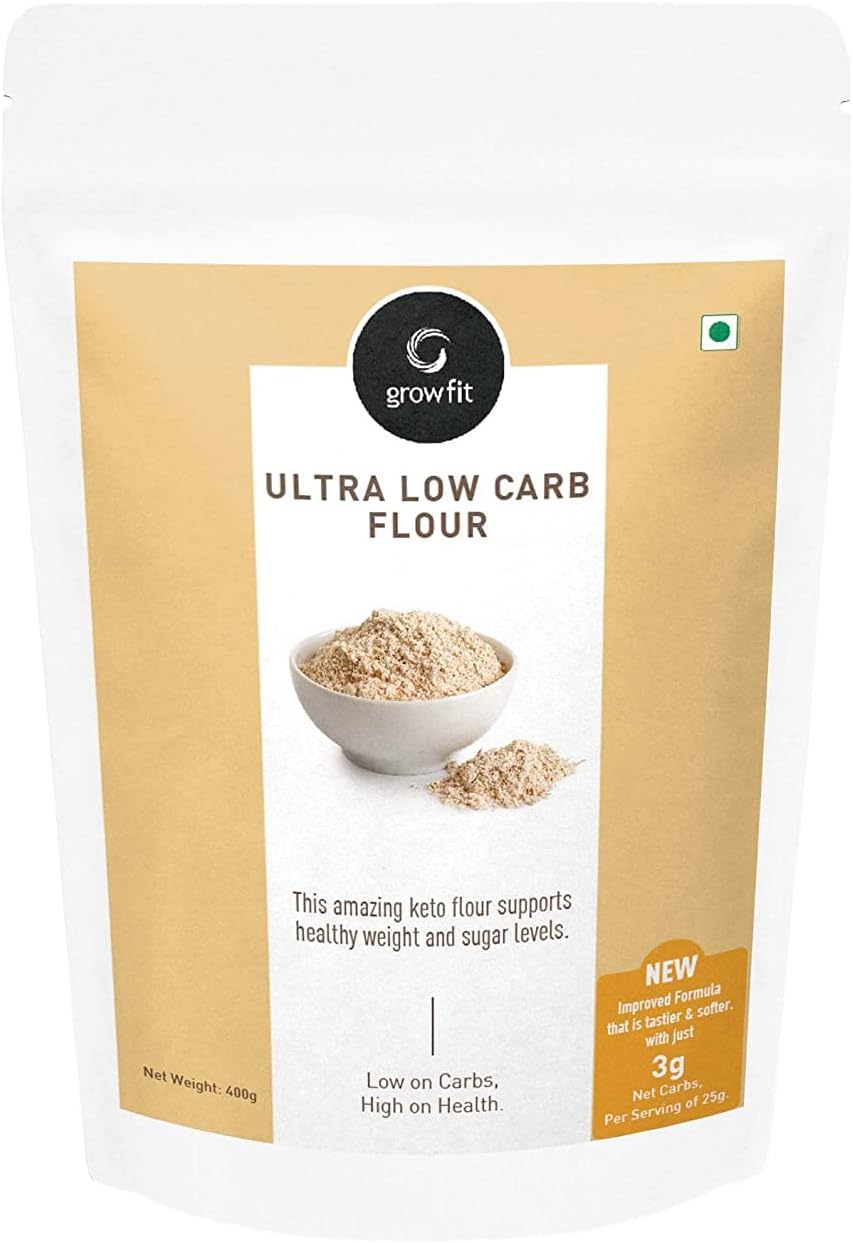 G growfit Ultra Low Carb Flour 400gm | Premium Almond Flour, Flax Seed, Sesame Seed | 3 G net Carbs | Keto Flour | 32% Protein per roti | Promotes Wellness - Prebiotics + Omega3 + Minerals | Keto Atta