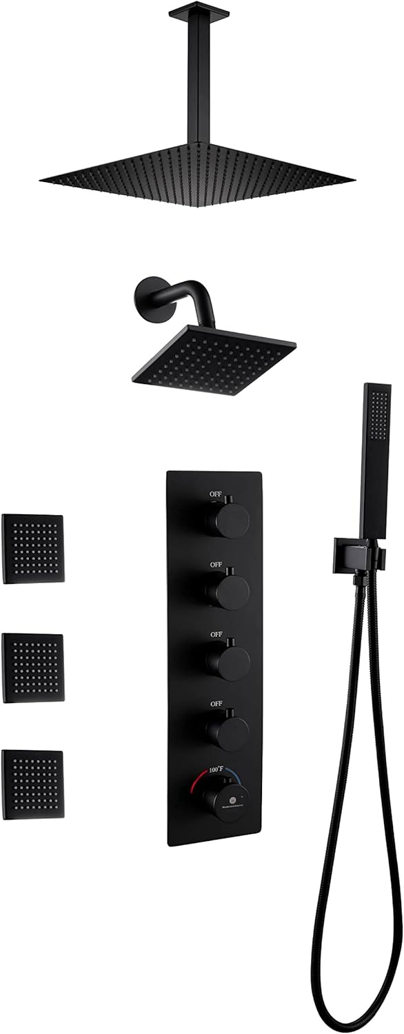 Chrome 4 Function Thermostatic Faucet Set with Ceiling 12" Rain Shower Head, High Pressure 6", Body Jets and Handheld Spray