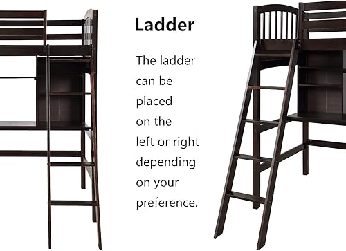 Miniatura 4 de Woanke Cama alta de tamaño individual con estantes de almacenamiento escritorio y escalera para dormitorio de niños muebles del hogar marco de cama