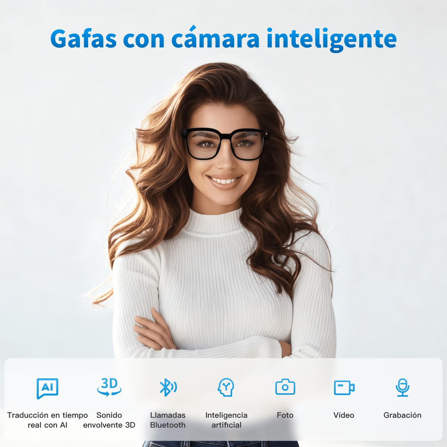 Gafas Inteligentes con IA de 32 GB, Gafas con Cámara Antivibración de 8MP, Compatibles con Grabación de Vídeo, Traducción en Tiempo Real/Reconocimiento de Lentes GPT, Lentes fotocromáticas