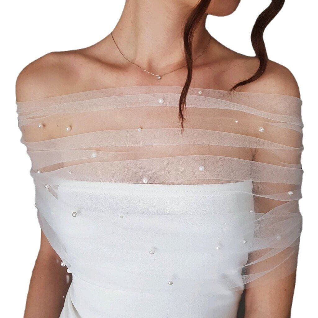 Hrippy Women's With Pearl Bridal Shawl Tulle Sheer Wrap Wedding Shrugs For Off Shoulder Stole Wedding Shoulders Wrap-Over Shawl