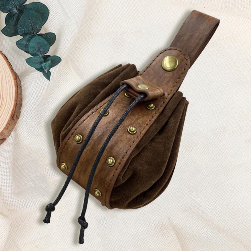 Vintage Medieval PU Leather Drawstring Pouch Middle Ages Portable Coin Purse Renaissance Viking Storage Rivet Belt Pack Bag for Men Women Costume LARP Ren Faire(Coconut Brown) - Image 7