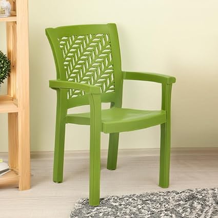 Nilkamal Tulip Chair with Arm|Sturdy and Stable Design|Leaves Pattern Backrest|for Dining Room, Garden, Cafes, Kitchen, Balconies, and Gatherings| Lush Green
