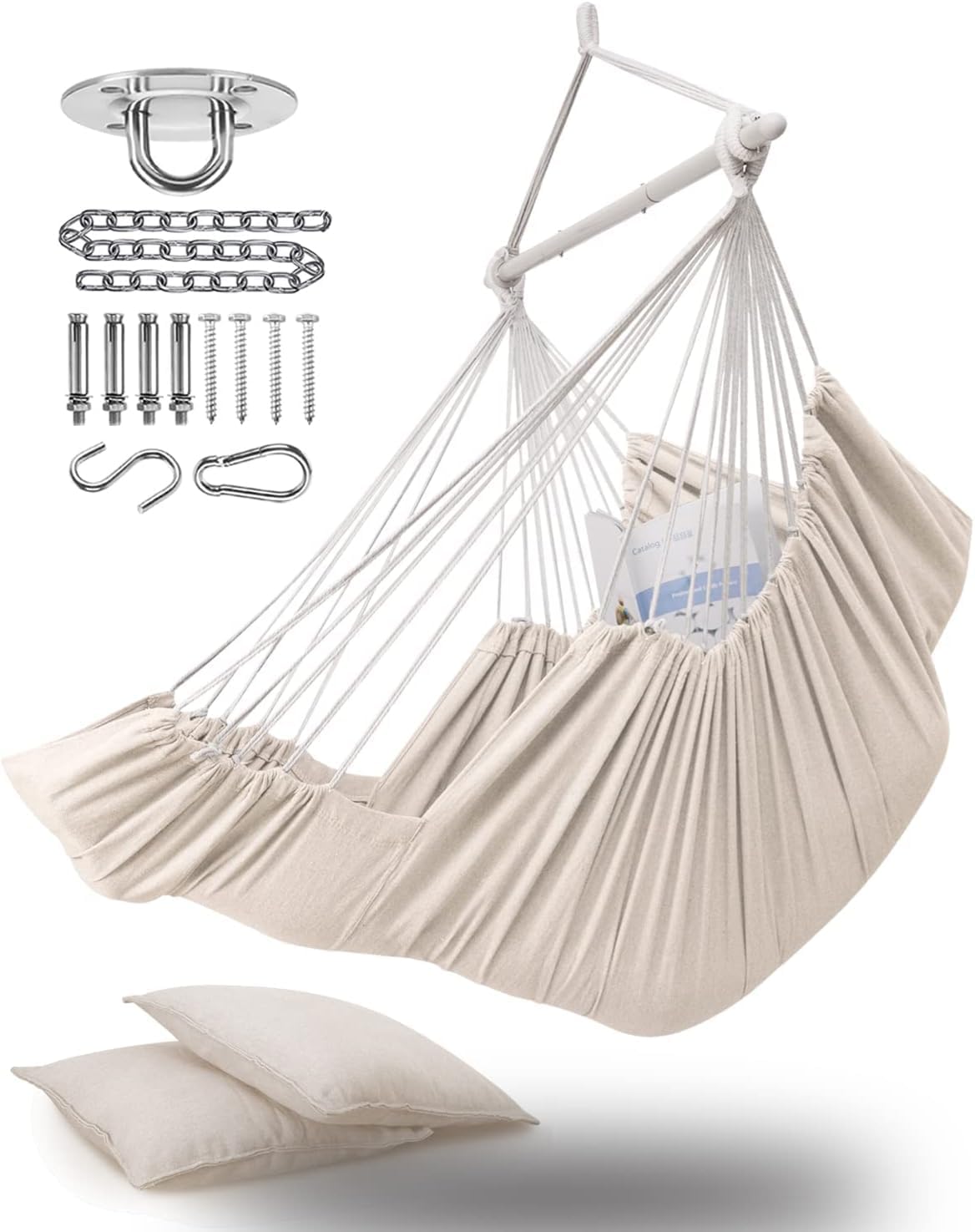 ADVOKAIR Hanging Hammock Chair Large Swing Chair with Foot Rest and Hardware,Max 500lbs,Steel Spread Bar with Anti Slips, 2 Cushions and Side Pocket,Indoor/Outdoor Use…