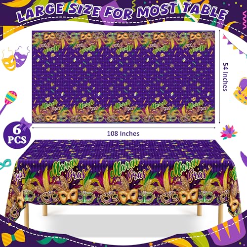 Image of 6 Pcs Mardi Gras Decorations, 54 X 108 Inches Mardi Gras Tablecloth Rectangular Table Cover, Disposable Purple Masquerade Mask Feather Tablecover, Plastic Tablecover For Masquerade Party Decorations