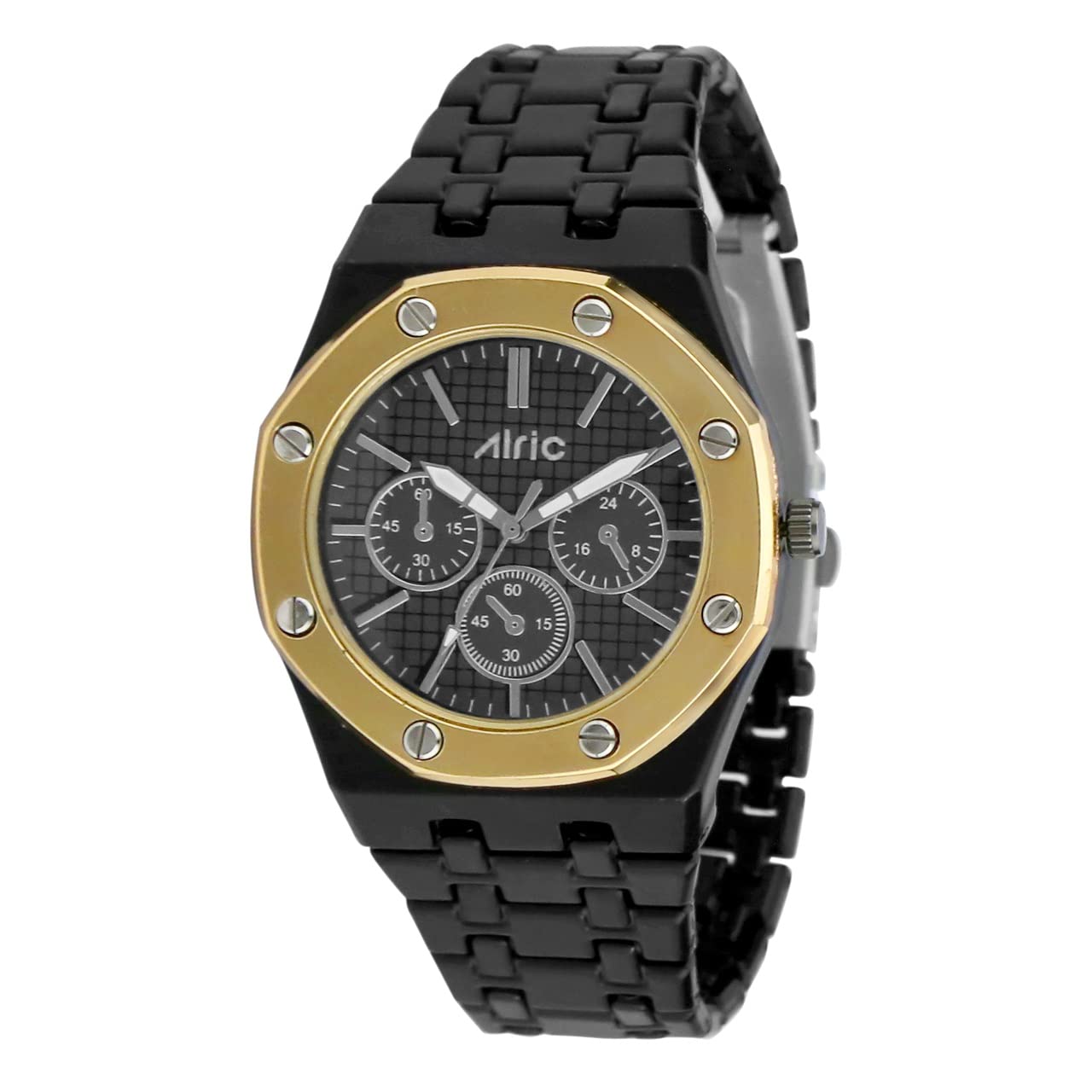 AlricBerry Watch for Boys Analogue Round Dial Display with Metal Stainless Steel Chain Strap 18K Gold Plated Stylish Latest Fashion Watches for Men and Boys Berry Black & Golden