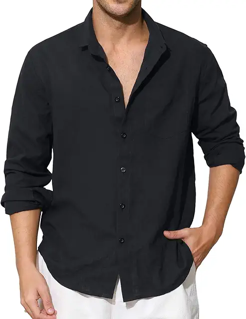 Camisa de Lino Hombre Manga Larga Cuello Mao Verano Algodón Casual S-4XL
