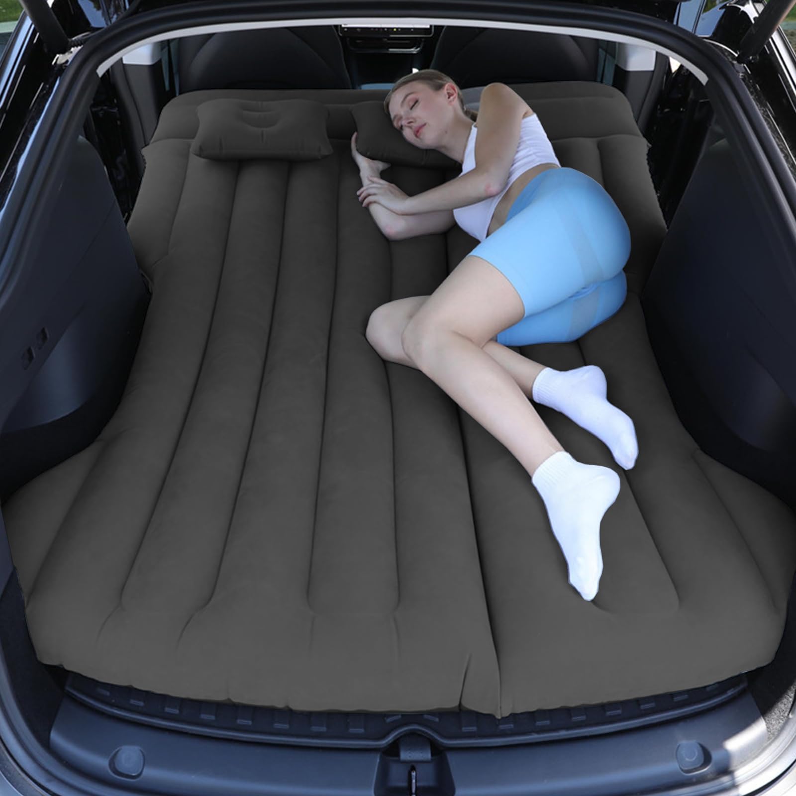 SUV Colchón de Coche Inflable con Bomba y Almohada, Cama de Aire Portátil para Viajes Camping Aire Libre, Grueso Cómodo Duradero Negro
