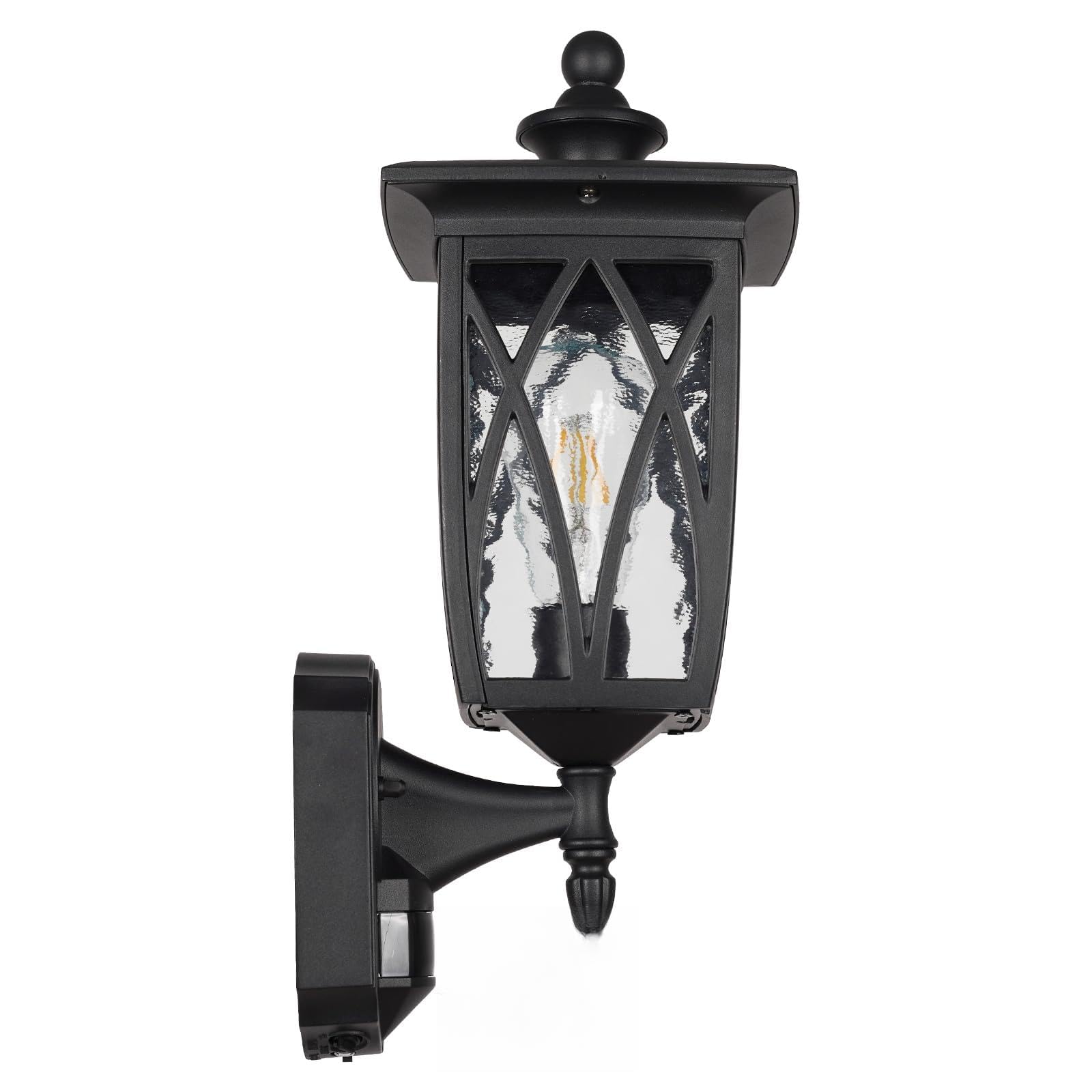 JYO 17“ Motion Sensor Outdoor Wall Light Fixtures, Anti-Rust Aluminum Wall Sconce with Water Ripple Glass &amp; E26 Socket, Exterior Waterproof Wall Lantern for House Front Door, Porch, Garage(02-BK-MA)