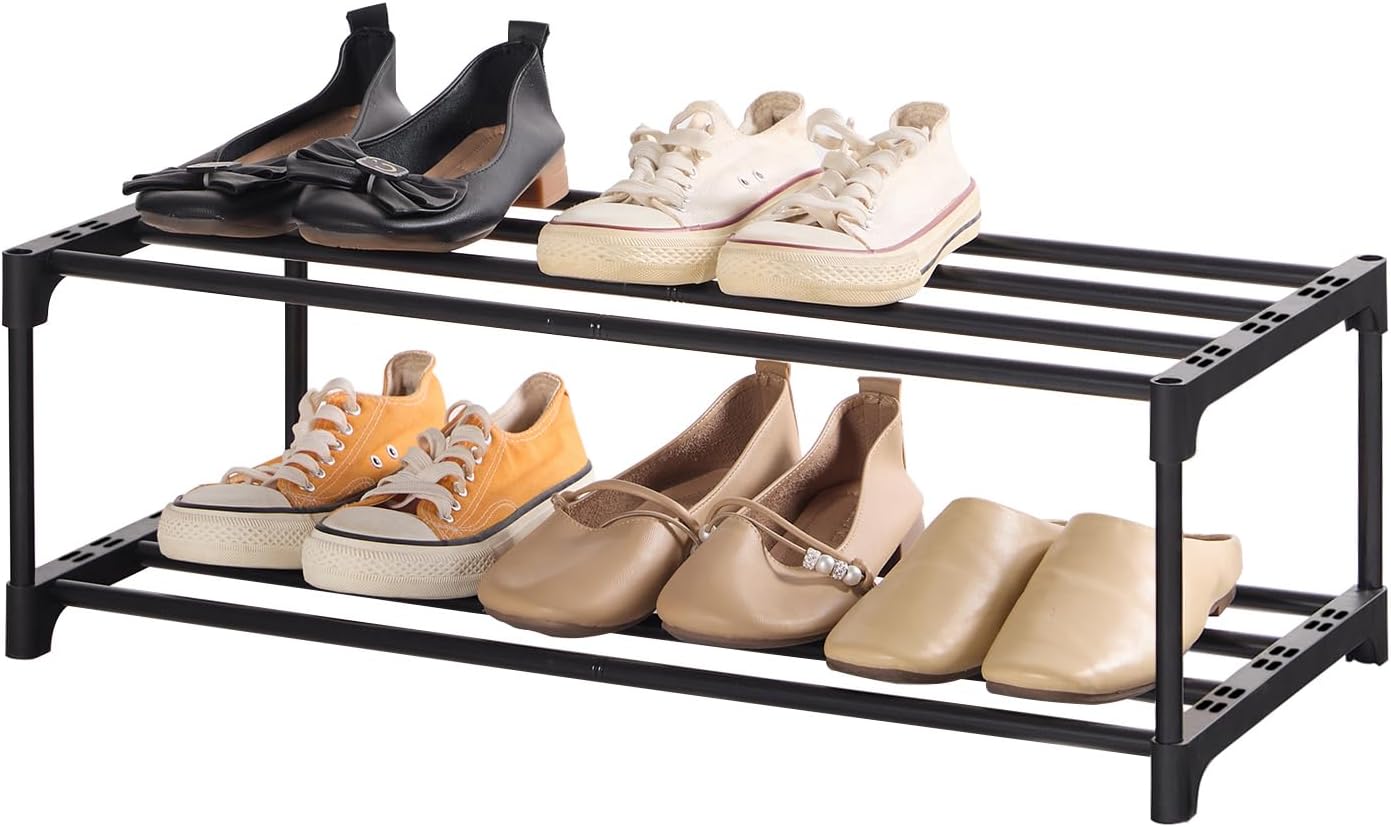 Shoe Rack, 2-Tier Shoe Rack Small, Can Hold 6 Pairs of Shoes, Shoe Shelf Storage Organizer,Anti-Rust Coating, Suitable for Dormitory, Rental House, Balcony