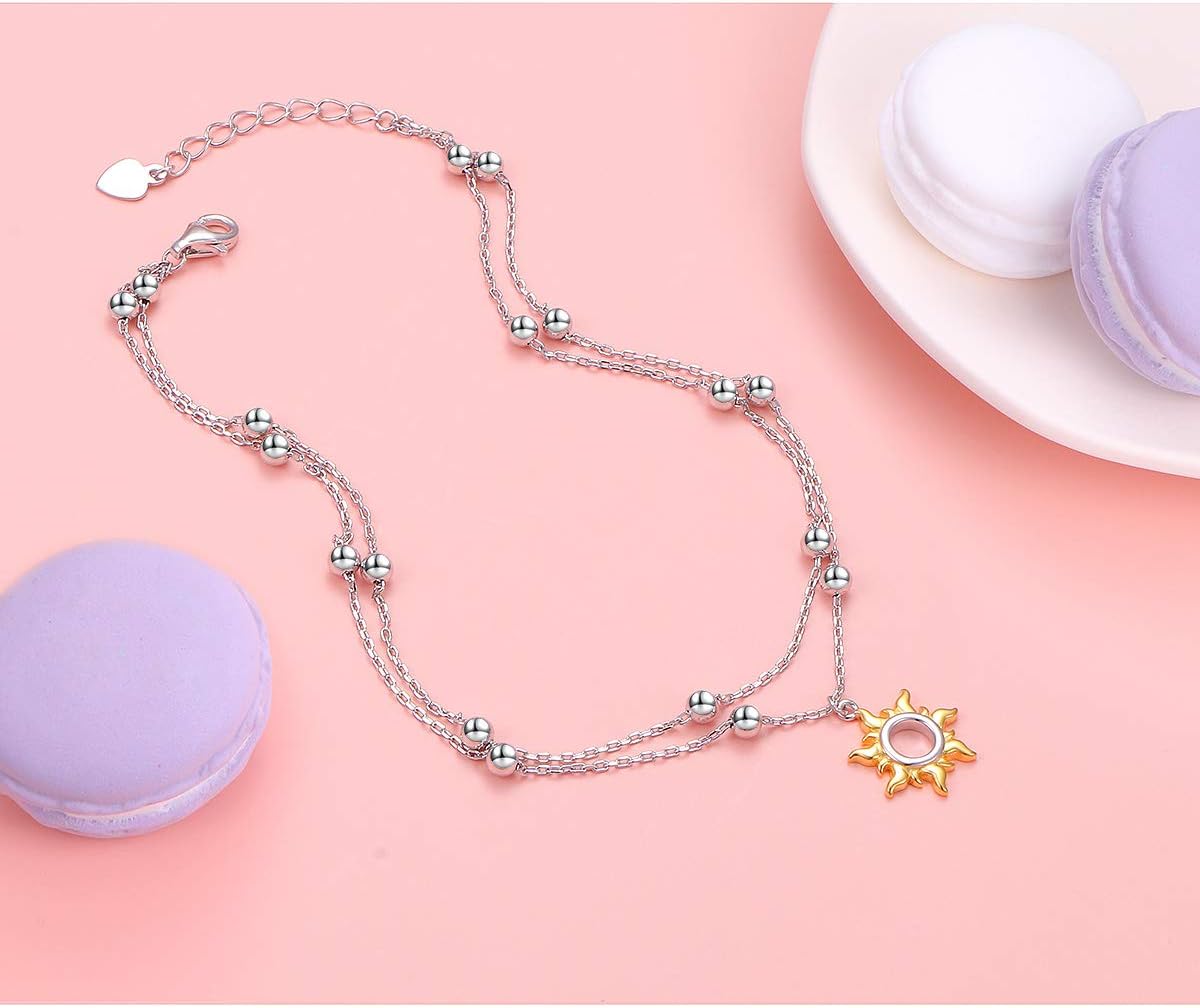 FLYOW Sun/Star and Moon Layered Anklet 925 Sterling Silver for Women Adjustable Beads Ankle Bracelet Boho Beach Foot Chain Charm Jewelry Christmas Birthday Gifts - Image 5