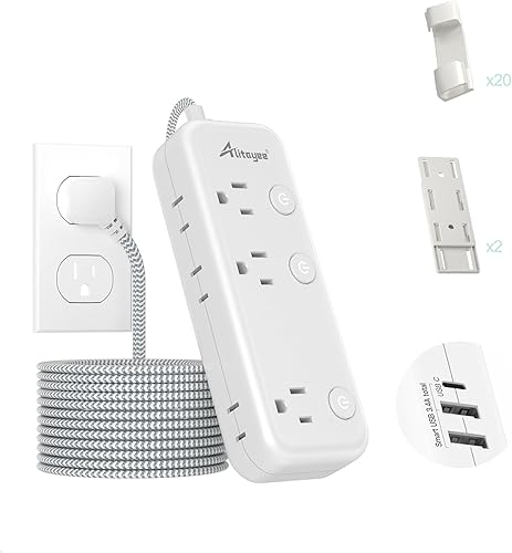 Regleta protectora de sobretensiones de 15 pies con interruptores individuales, 6 tomas, 3 USB (17 W USB C), cable trenzado de enchufe plano