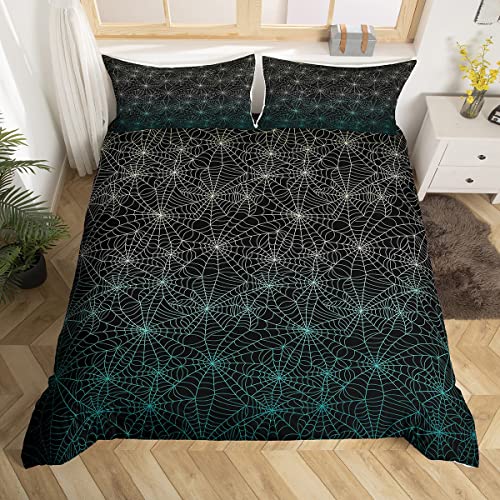 Spider Web Bedding Set Queen Size Halloween Horror Duvet Cover Geometric Stripes Grid Lines Comforter Cover Green Yellow Ombre 3 Pieces Quilt Cover, Zipper Closure For Adult Men Women, Black White #TOP2