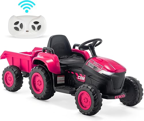 Miniatura 7 de MELLCOM Tractor de paseo para niños, tractor de ruedas eléctricas de 12 V con remolque y control remoto, automóvil para niños pequeños con motores