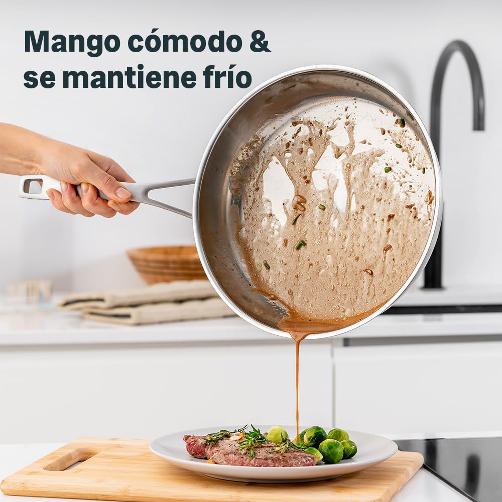 SILBERTHAL Sartenes Acero Inoxidable 20 24 28 cm Sin Antiadherente 18/10 | Gas, horno y vitrocerámica hasta 400°C, triple fondo para calor uniforme, sin PFOA y PFOS, para una cocina sana, apta