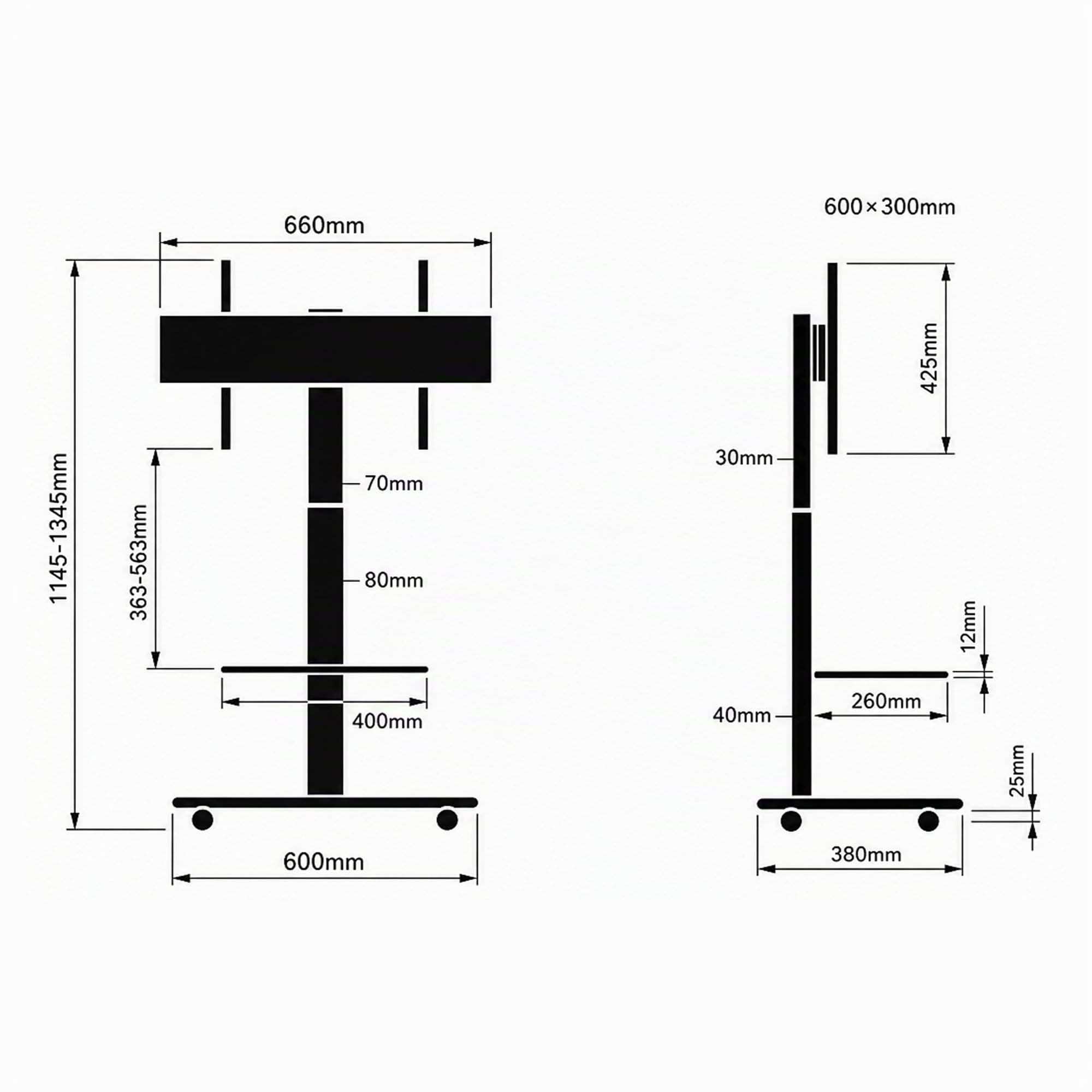 Stellar Supporto TV da pavimento con Ripiano in Legno, Carrello Tele con Ruote Regolabile in Altezza, Piedistallo Televisione 32-70 Pollici, 45 kg, Stand da Terra Universale, VESA 600x400