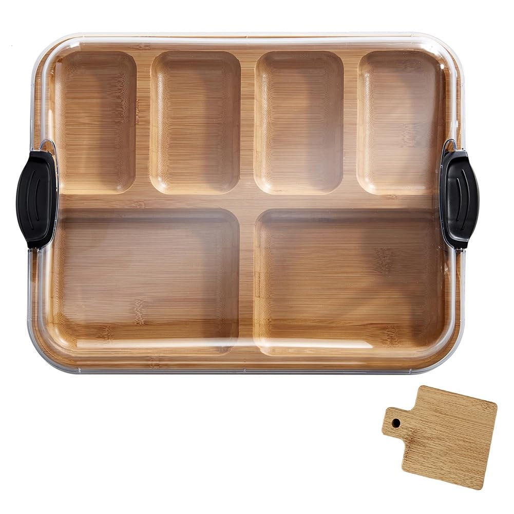 CTRLZS Build-A-Board Cutting Board with Compartments and Clear Locking Lid for Charcuterie Snacks, Bamboo with Bottle Opener