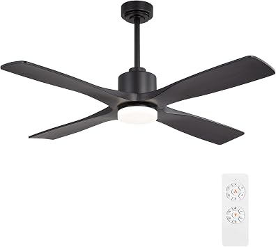 WINGBO 54 Inch DC Ceiling Fan with Lights and Remote Control, 4 Carved Solid Wood Blades, 6-Speed Noiseless Reversible DC Motor, Modern Ceiling Fan in Matte Black Finish with Black Blades