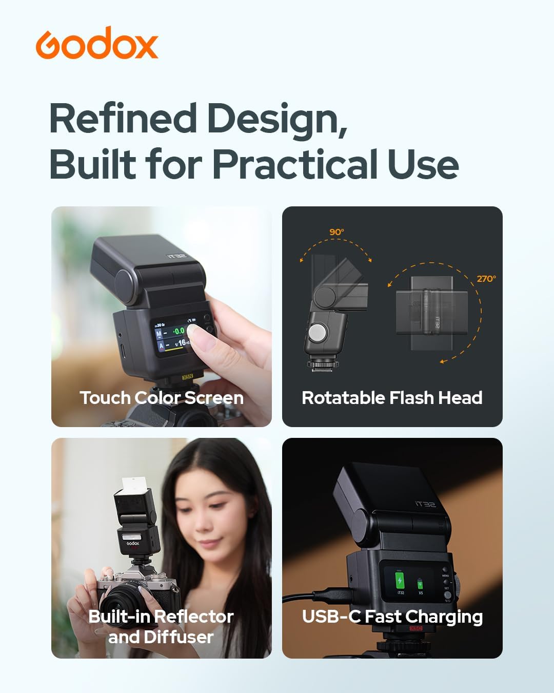 Godox iT32 TTL Camera Flash with X5N Trigger & Diffuser Kit for Nikon Cameras, Magnetic Hotshoe & Trigger 2-in-1, Colorful Touch Screen, 2.4G Wireless, HSS 1/8000s, Rotatable Head, LED Modeling Lamp