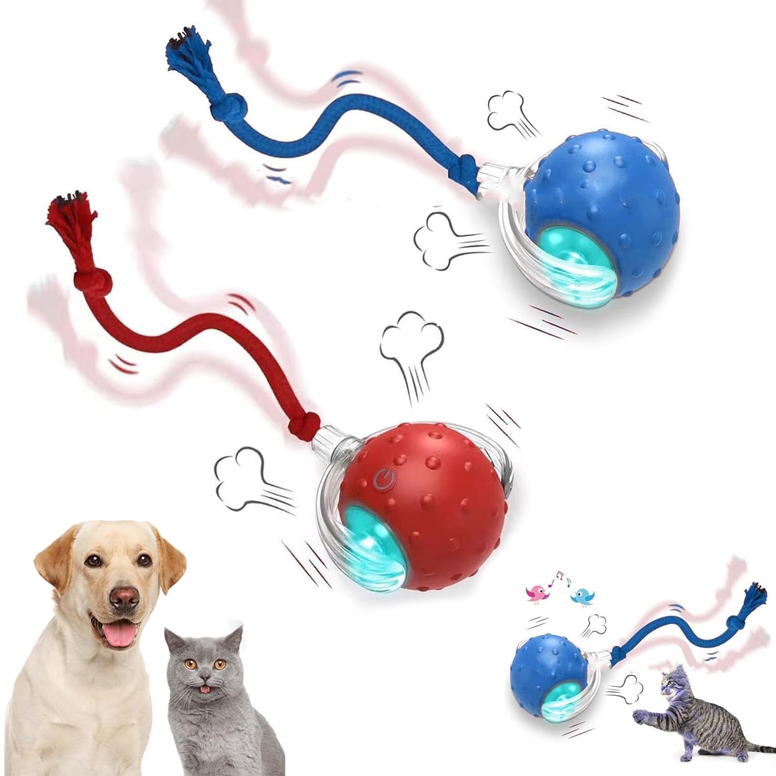 Tiny Fetch Ball Dog Toy, Interactive Fast Moving Ball with Birdsong, 3 Modes Available, Smart 360° Rolling Rechargeable Dog Cats Ball for Dogs and Cats (Blue+Red)
