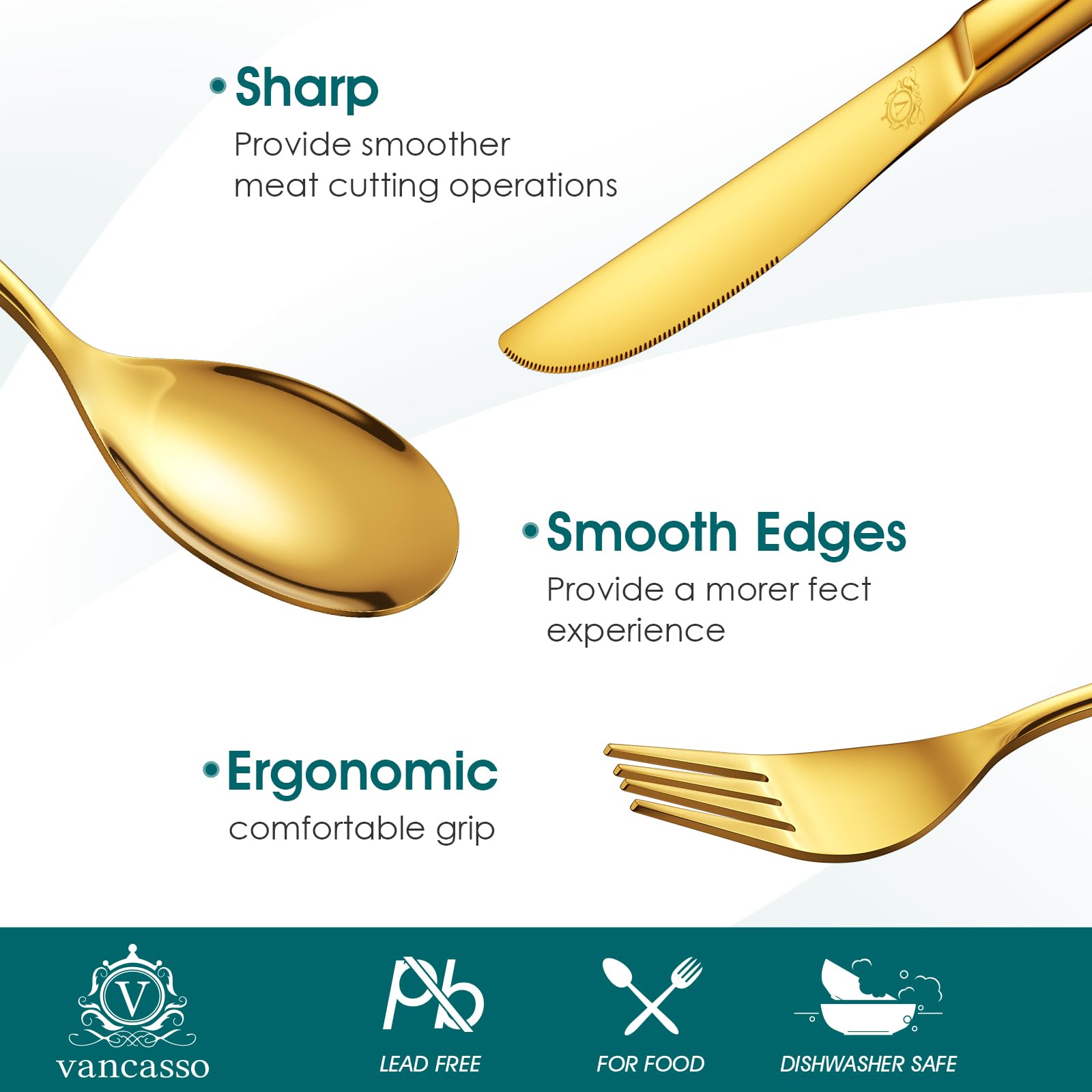 Vancasso - Cubiertos de mesa para 6 personas, 24 piezas, de acero inoxidable, incluye 1 cuchillo, 1 tenedor, 2 cucharas, para la familia, el restaurante, oro