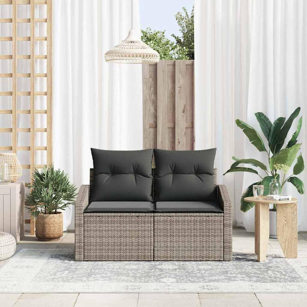 Sofa ogrodowa 123 x 62 x 69 cm z polirattanu z poduszkami, ławka do siedzenia na zewnątrz na taras i balkon, odporna na warunki atmosferyczne sofa rattanowa, szara