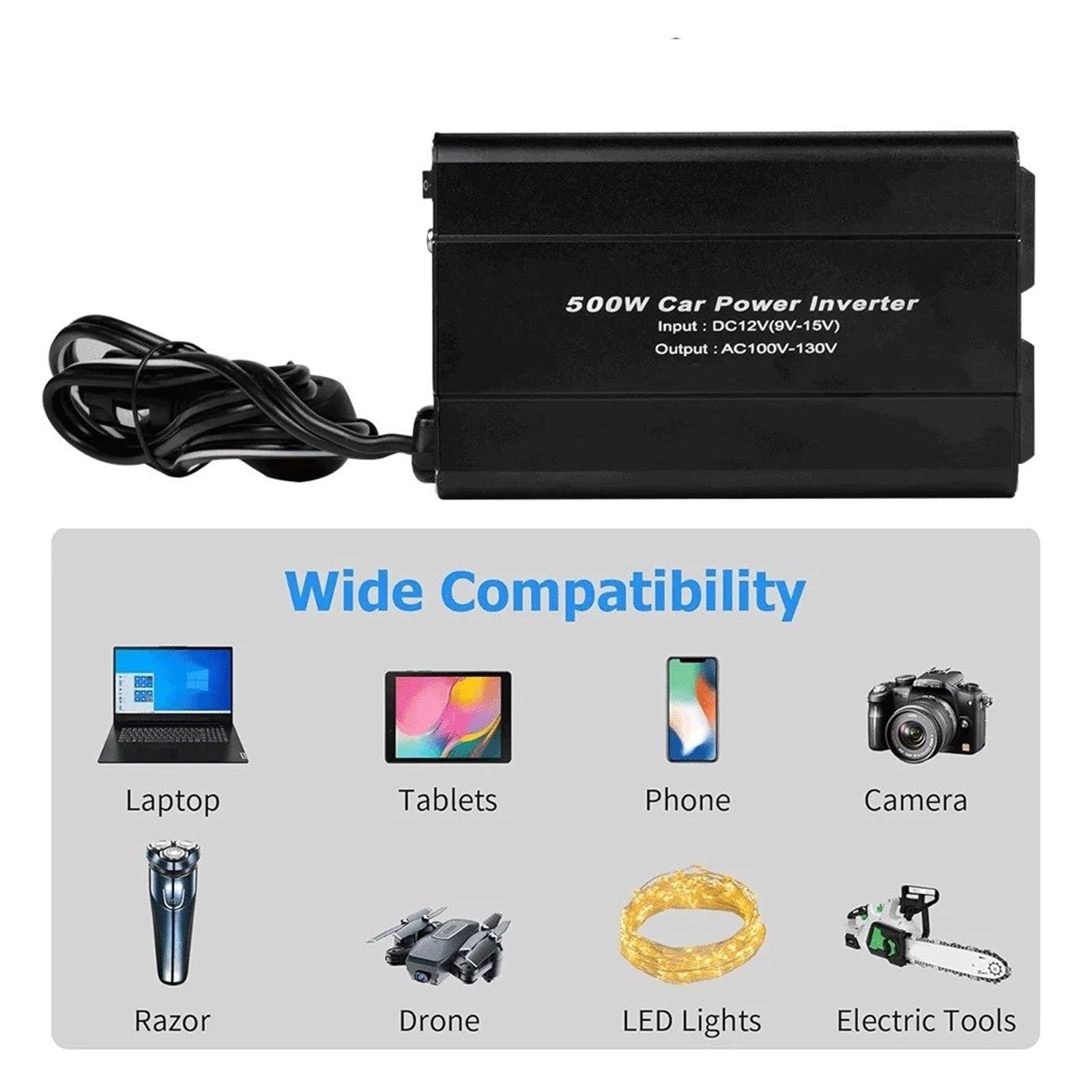 Inversor De Corriente para Coche 300 W 500 W 1500 W 2000 W 2600 W 4000 W 60 Hz CC A CA para Cargar Teléfonos Portátiles Portátil(500W Black)