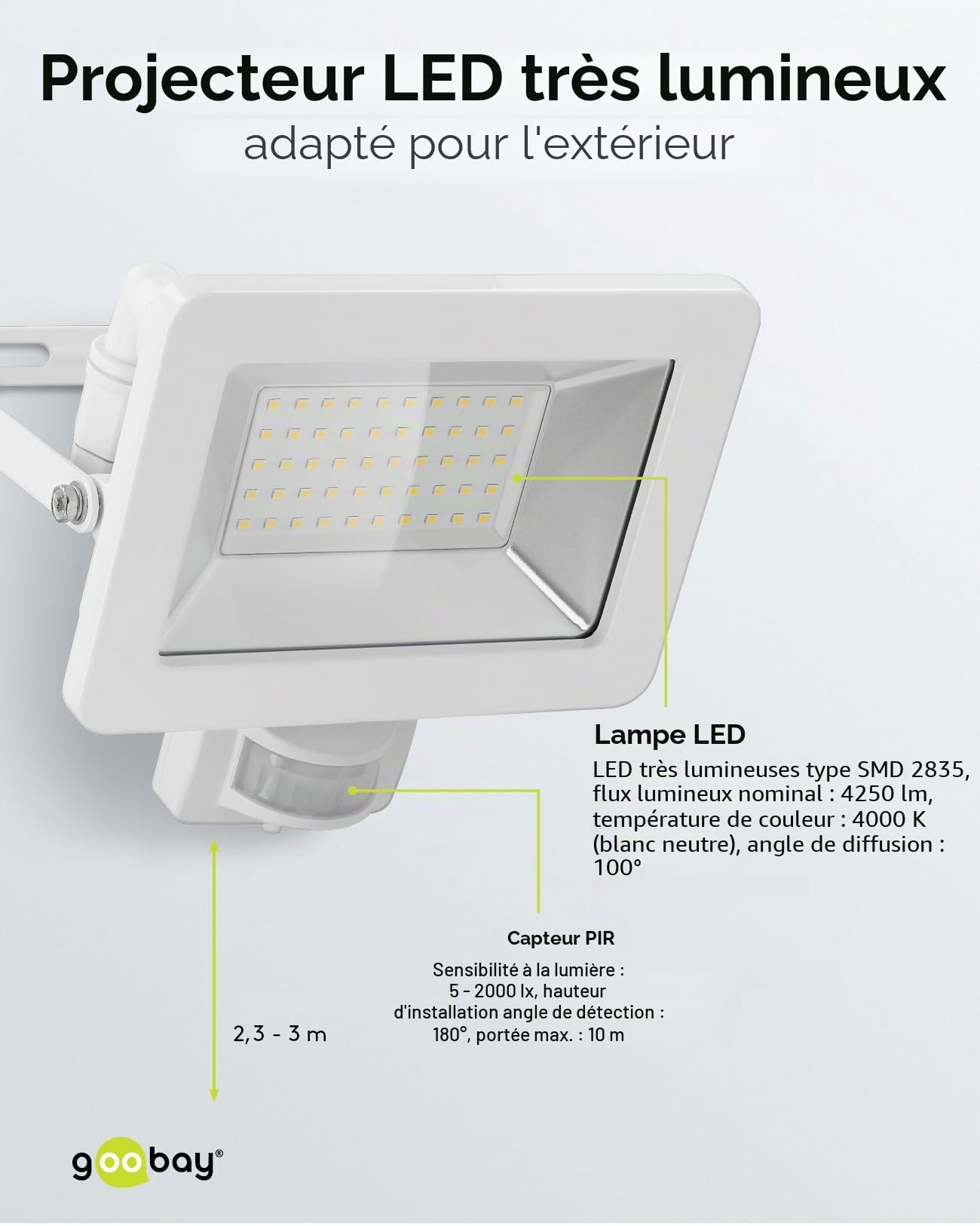 goobay 53884 Projecteur LED avec détecteur de mouvement extérieur 50 W - Capteur PIR - IP44 - Lumière blanche neutre 4250 lm - Montage mural - Spot de jardin - Blanc