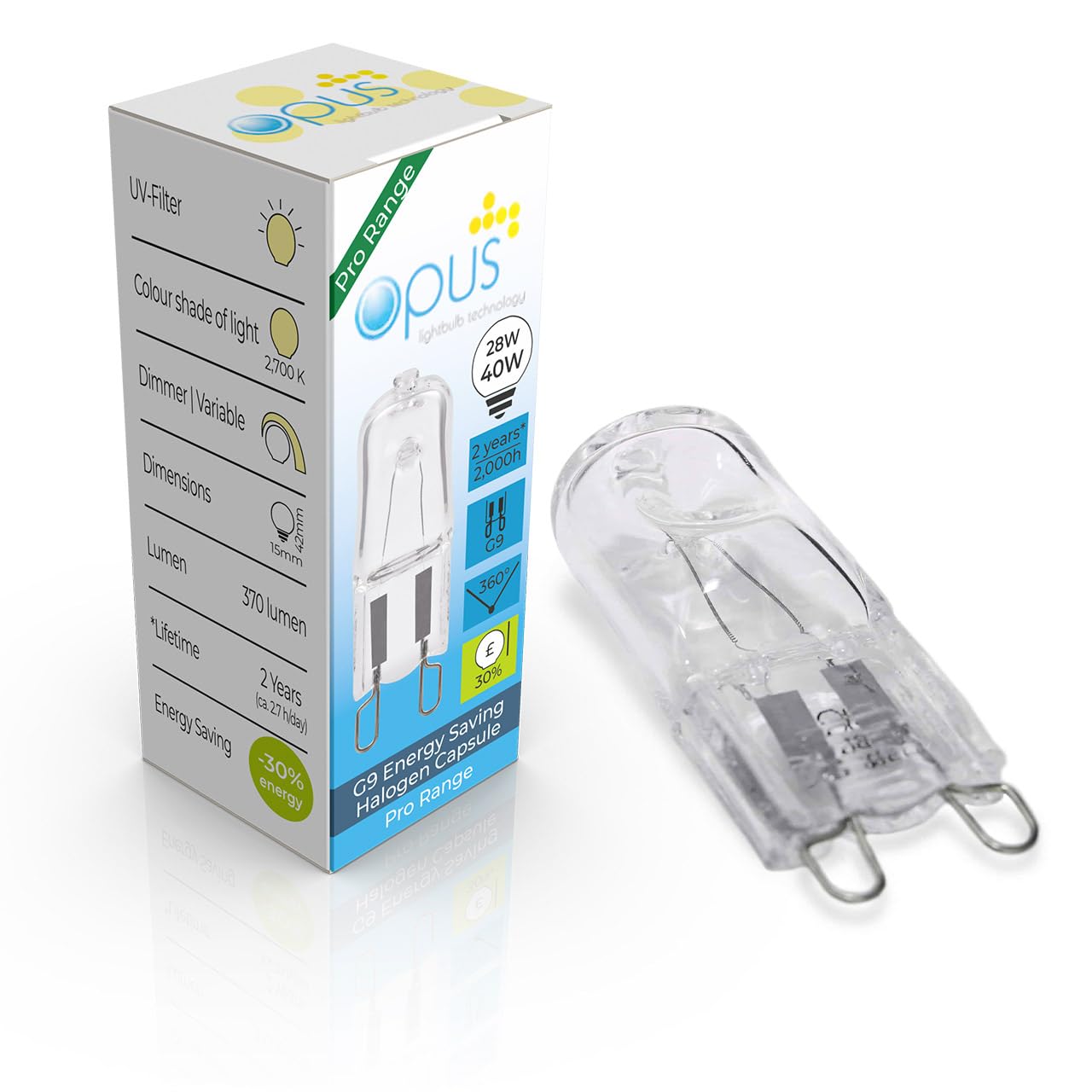 Opus Lighting Technology Warm White Opus G9 Halogen Bulb 28W - Equivalent To 40W G9 Bulb - 2700K - Long Life 2,000 Hours - Clear Glass Capsule - Dimmable - 2 Pin Light Bulbs - Small Lights